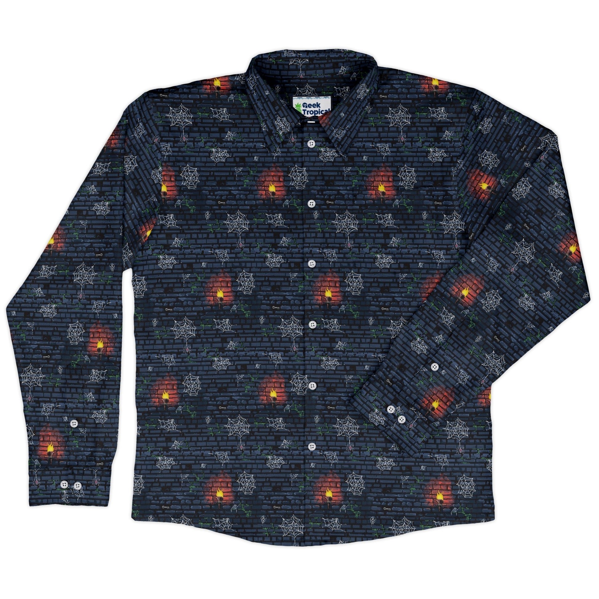 Dungeon Wall Long Sleeve Button Up Shirt Geek Nerd adult sizing Design by Claire Murphy dnd & rpg print