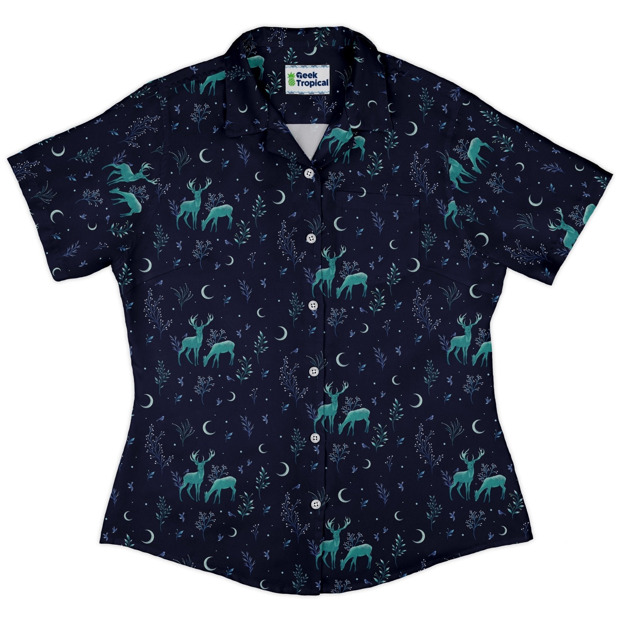 Episodic Deers in the moonlight Curvy Button Up Shirt Geek Nerd Design by Episodic outer space & astronaut print women