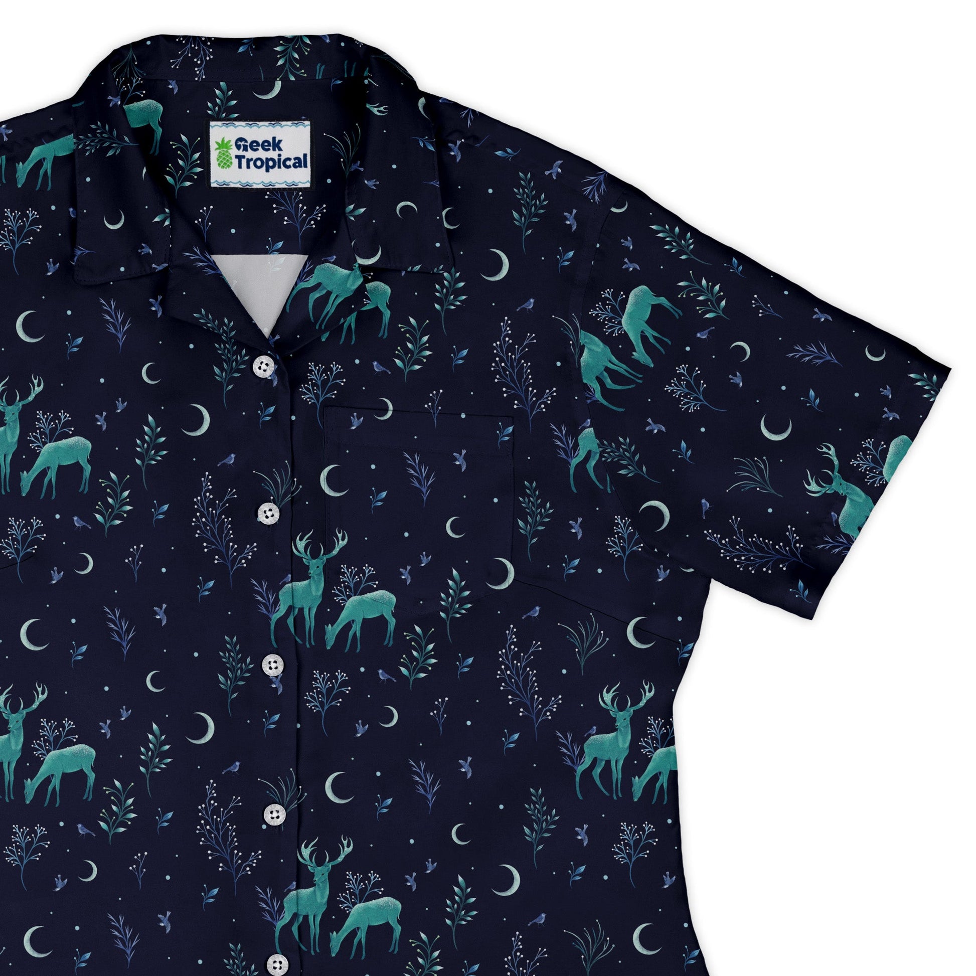 Episodic Deers in the moonlight Curvy Button Up Shirt Geek Nerd Design by Episodic outer space & astronaut print women