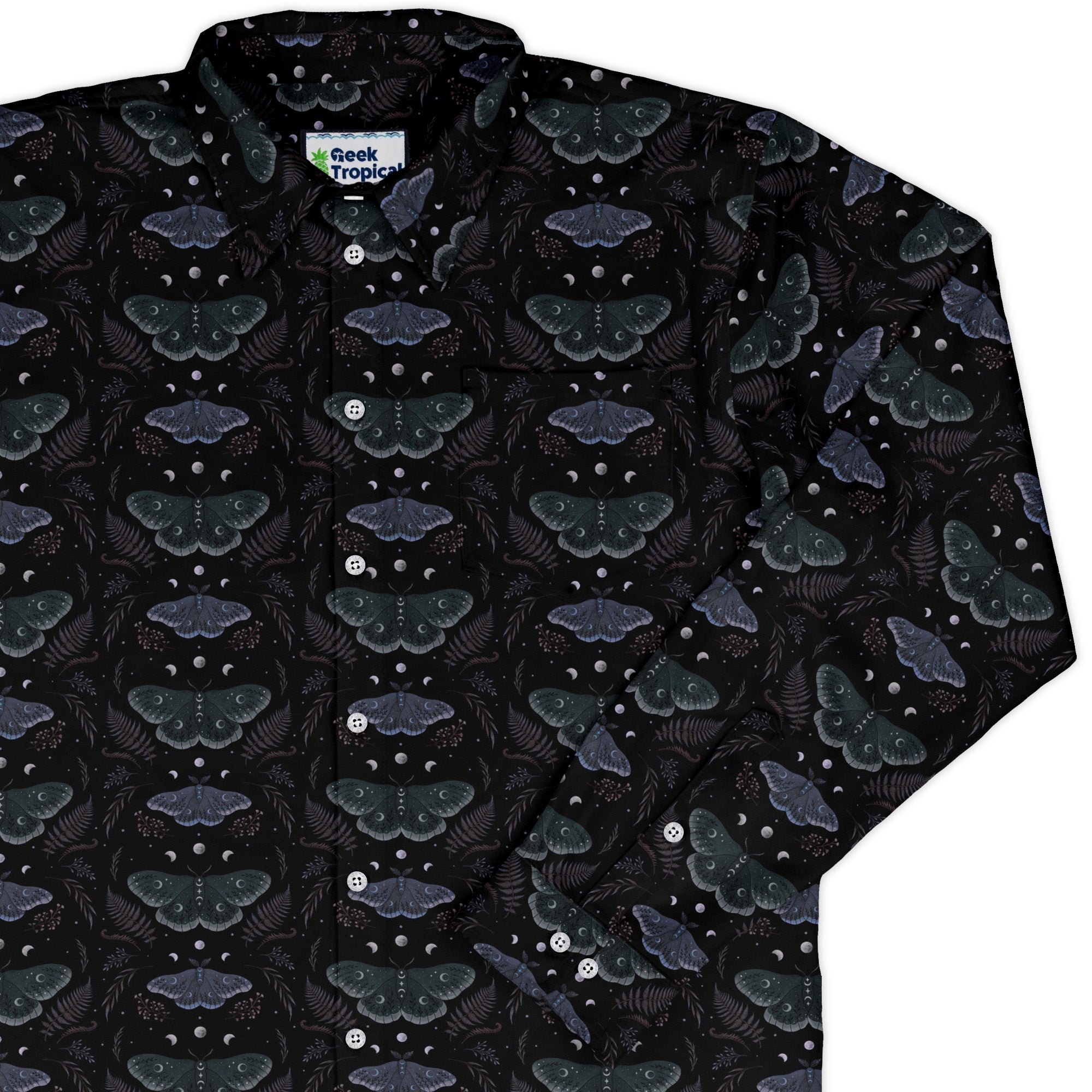 Episodic Moths Black Long Sleeve Button Up Shirt Geek Nerd adult sizing Botany Print Design by Episodic