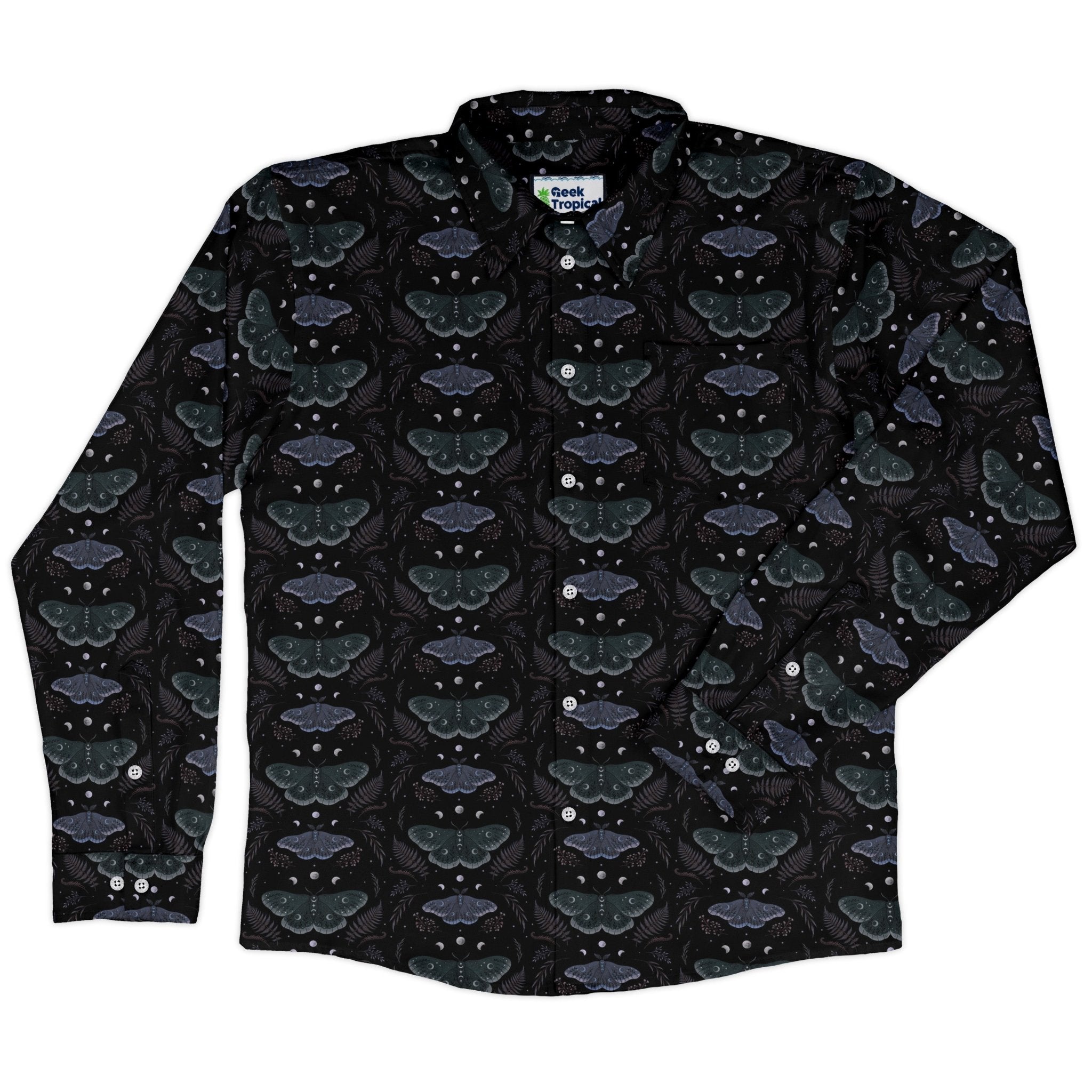 Episodic Moths Black Long Sleeve Button Up Shirt Geek Nerd adult sizing Botany Print Design by Episodic