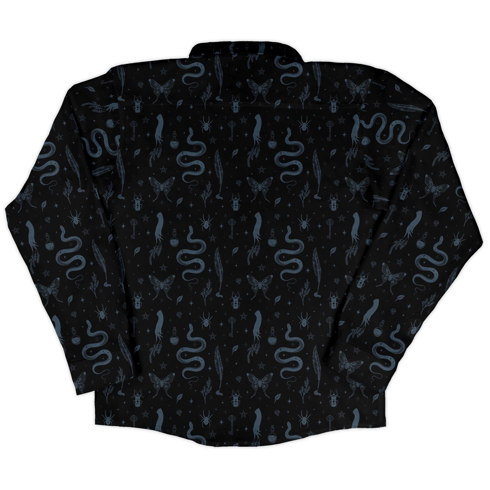 Episodic Mystical Collection Black Long Sleeve Button Up Shirt Geek Nerd adult sizing Botany Print Design by Episodic
