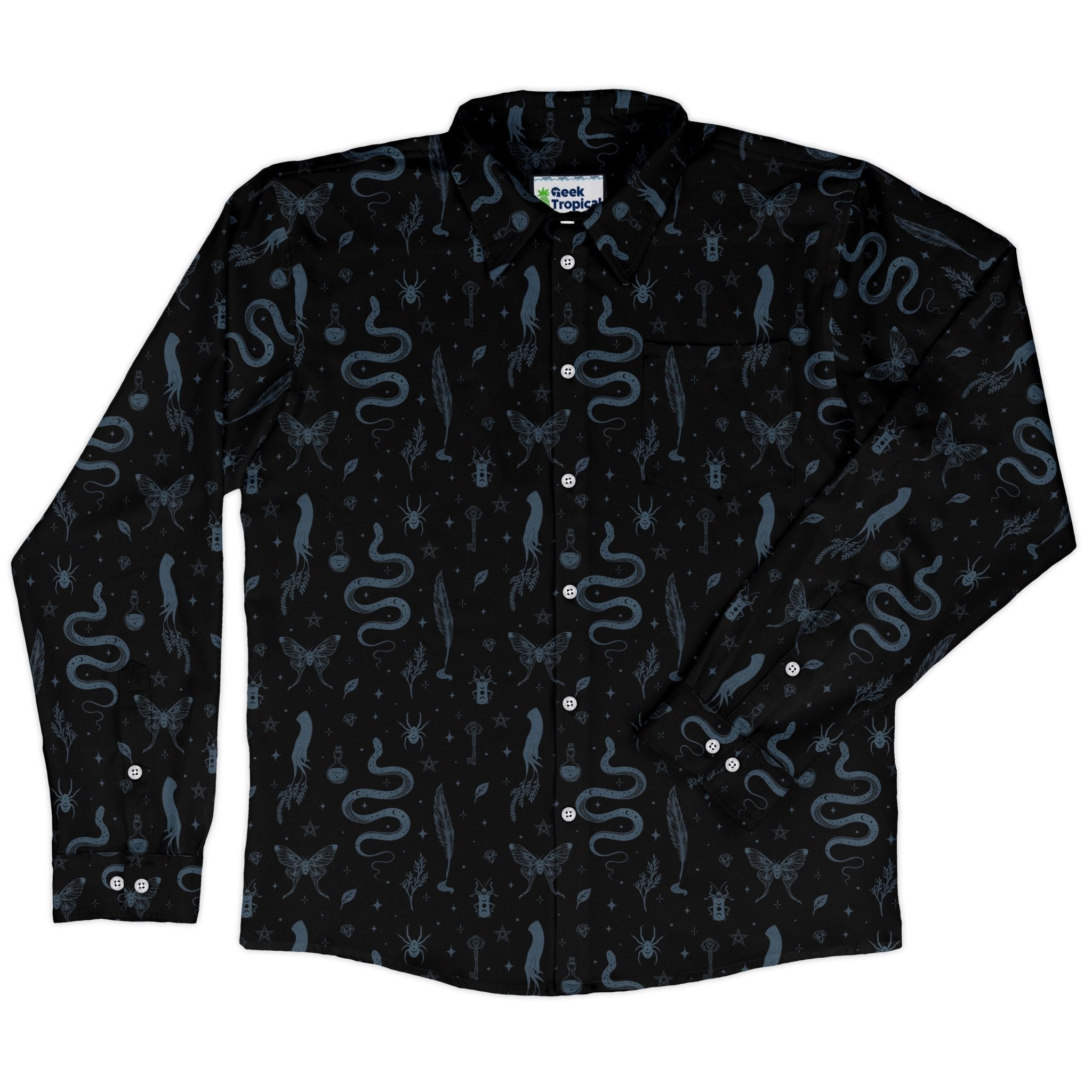 Episodic Mystical Collection Black Long Sleeve Button Up Shirt Geek Nerd adult sizing Botany Print Design by Episodic