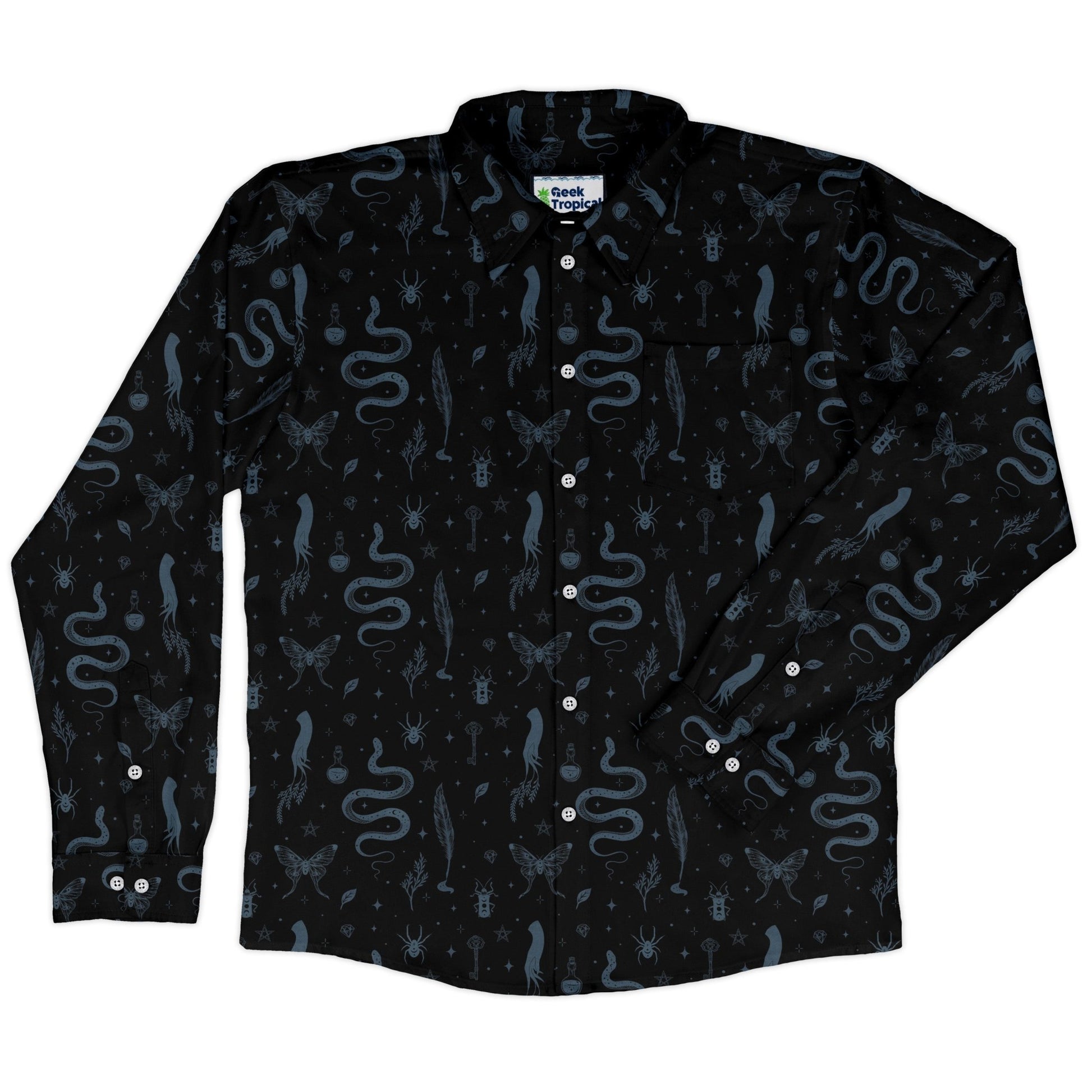 Episodic Mystical Collection Black Long Sleeve Button Up Shirt Geek Nerd adult sizing Botany Print Design by Episodic