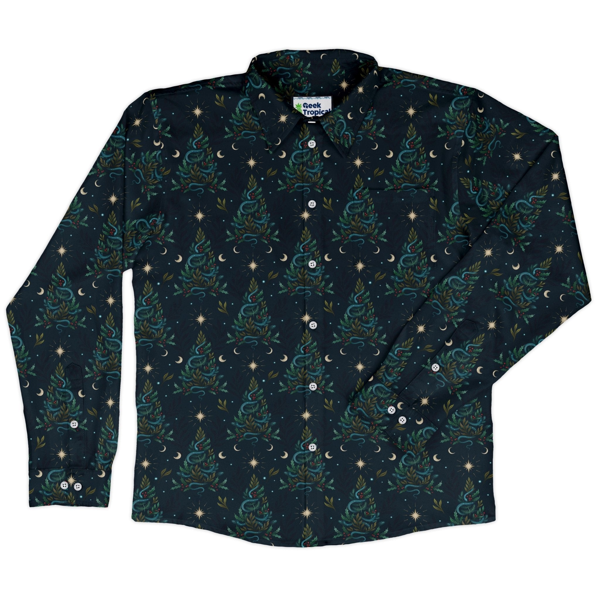 Episodic Serpent Christmas Long Sleeve Button Up Shirt Geek Nerd adult sizing Botany Print Christmas Print