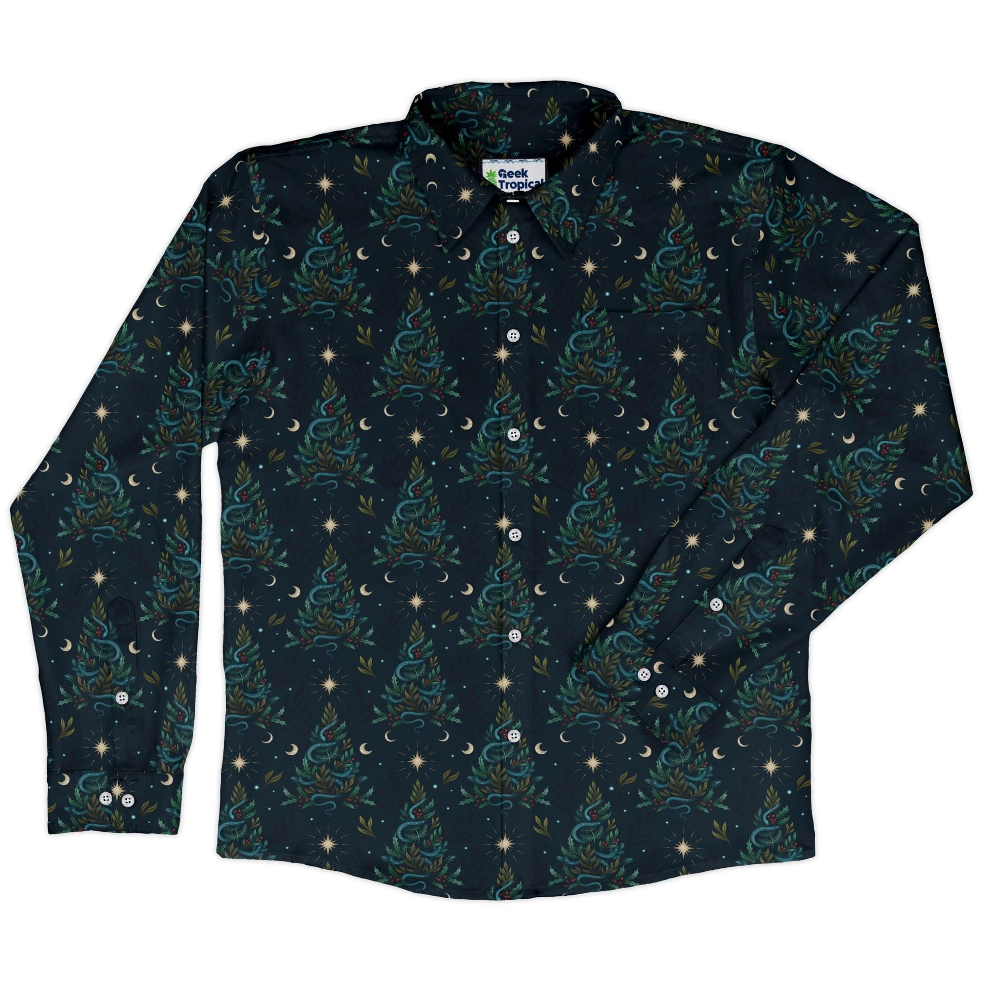 Episodic Serpent Christmas Long Sleeve Button Up Shirt Geek Nerd adult sizing Botany Print Christmas Print