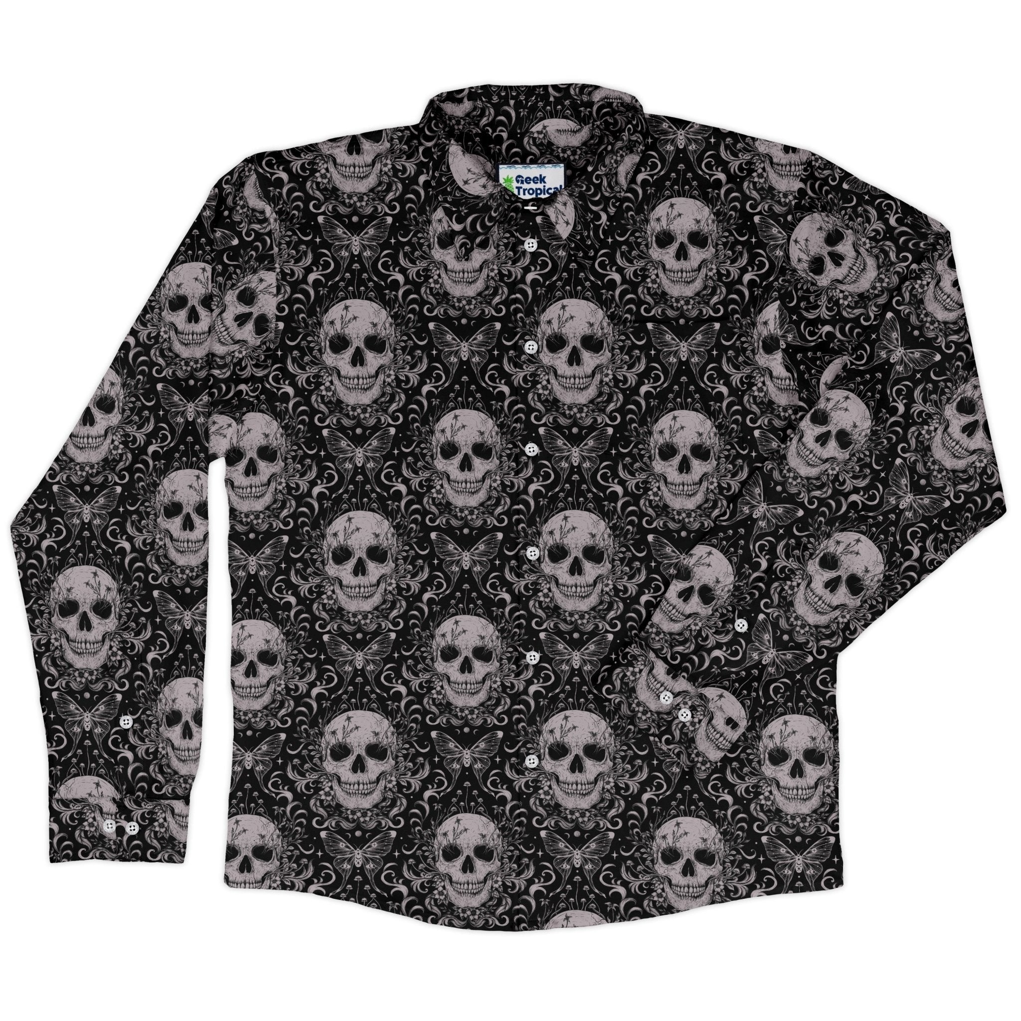 Episodic Skull Black White Long Sleeve Button Up Shirt Geek Nerd adult sizing Botany Print Design by Episodic