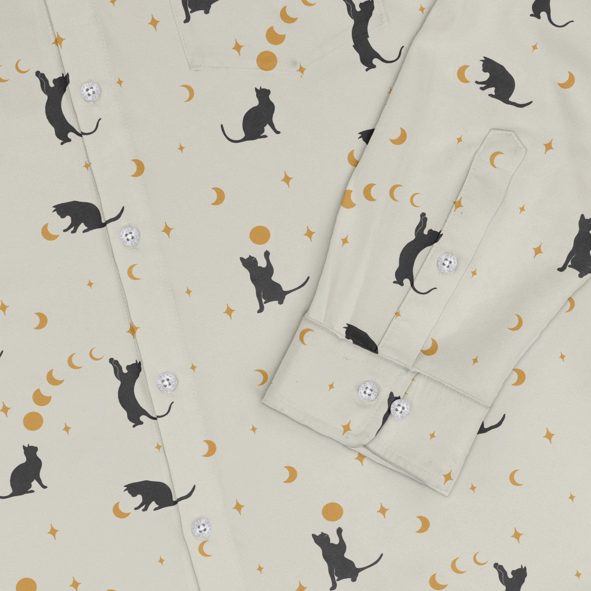 Episodic cat catching the moon Long Sleeve Button Up Shirt Geek Nerd adult sizing Animal Patterns Design by Episodic