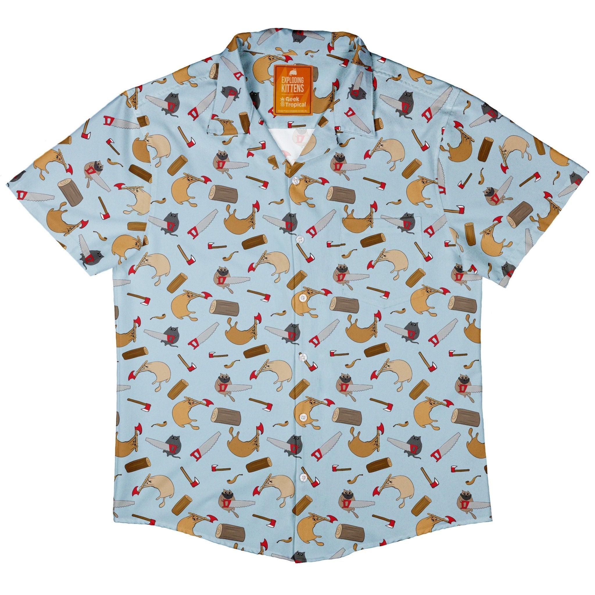 Exploding Kittens Lumber Cats Button Up Shirt - adult sizing - Animal Patterns - board game print