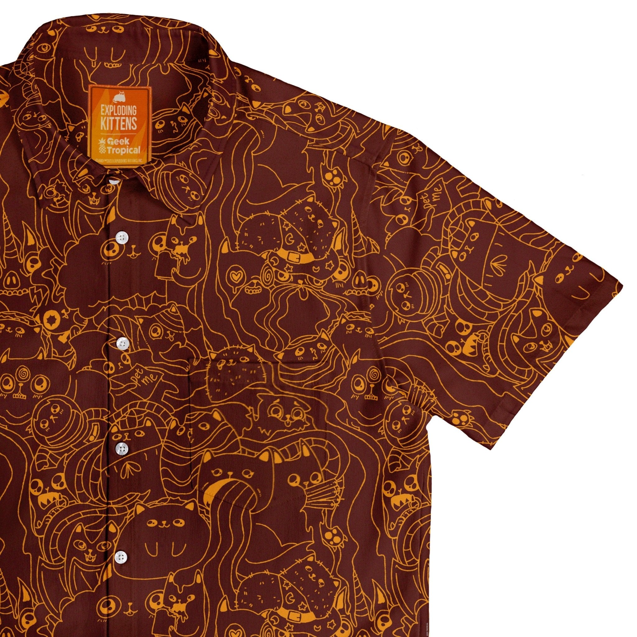 Exploding Kittens Mashup Red Brown Button Up Shirt - adult sizing - Animal Patterns - board game print