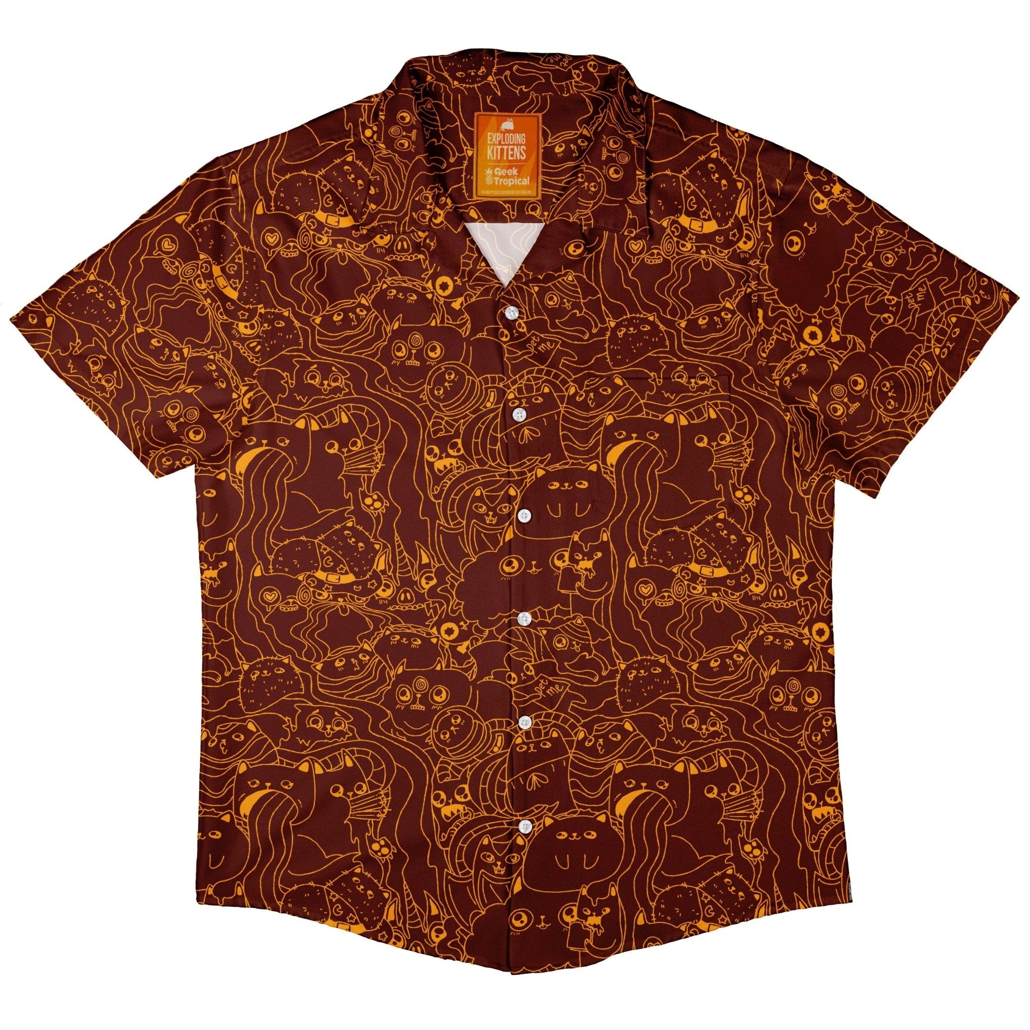 Exploding Kittens Mashup Red Brown Button Up Shirt - adult sizing - Animal Patterns - board game print