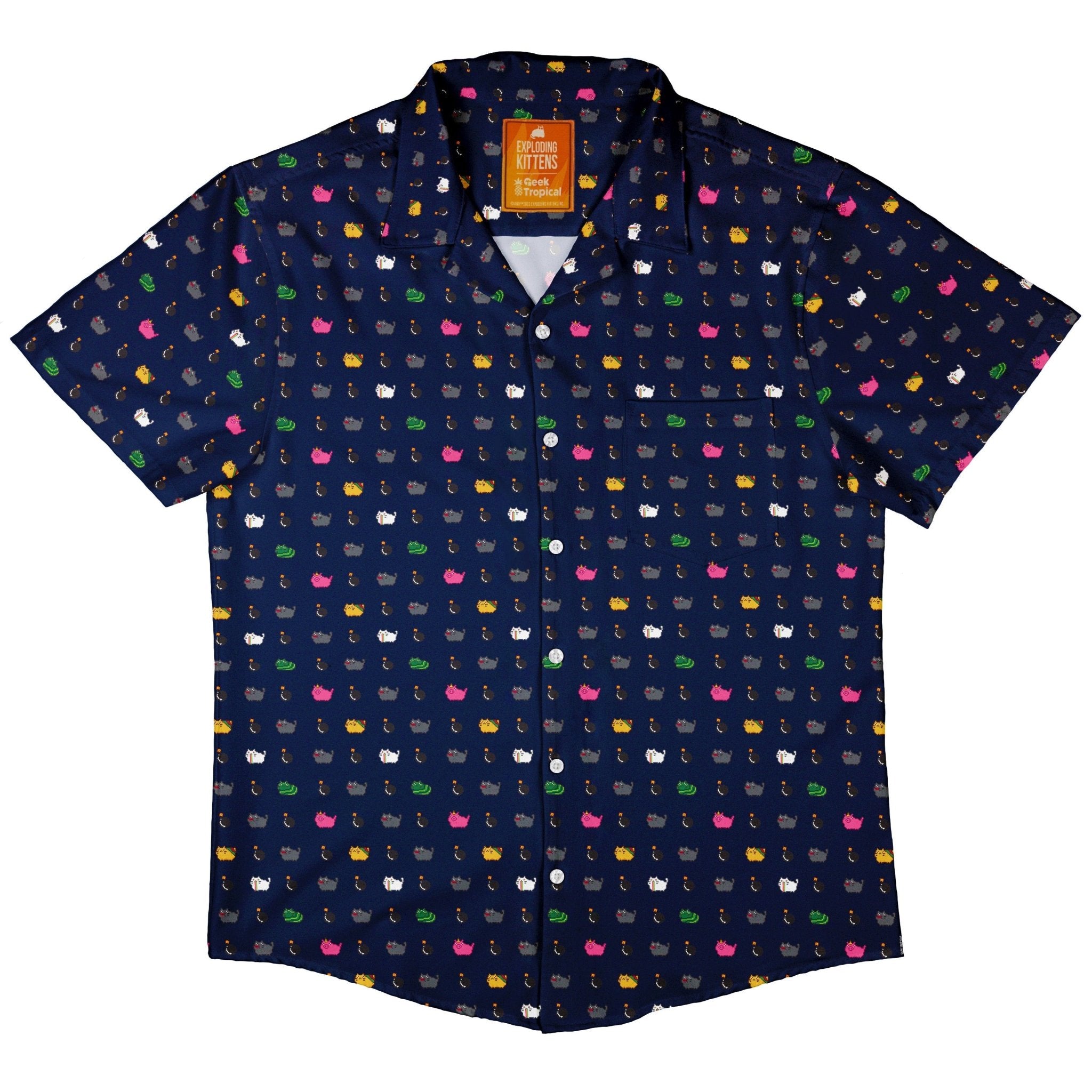 Exploding Kittens Pixel Cats Dark Blue Button Up Shirt - adult sizing - Animal Patterns - board game print