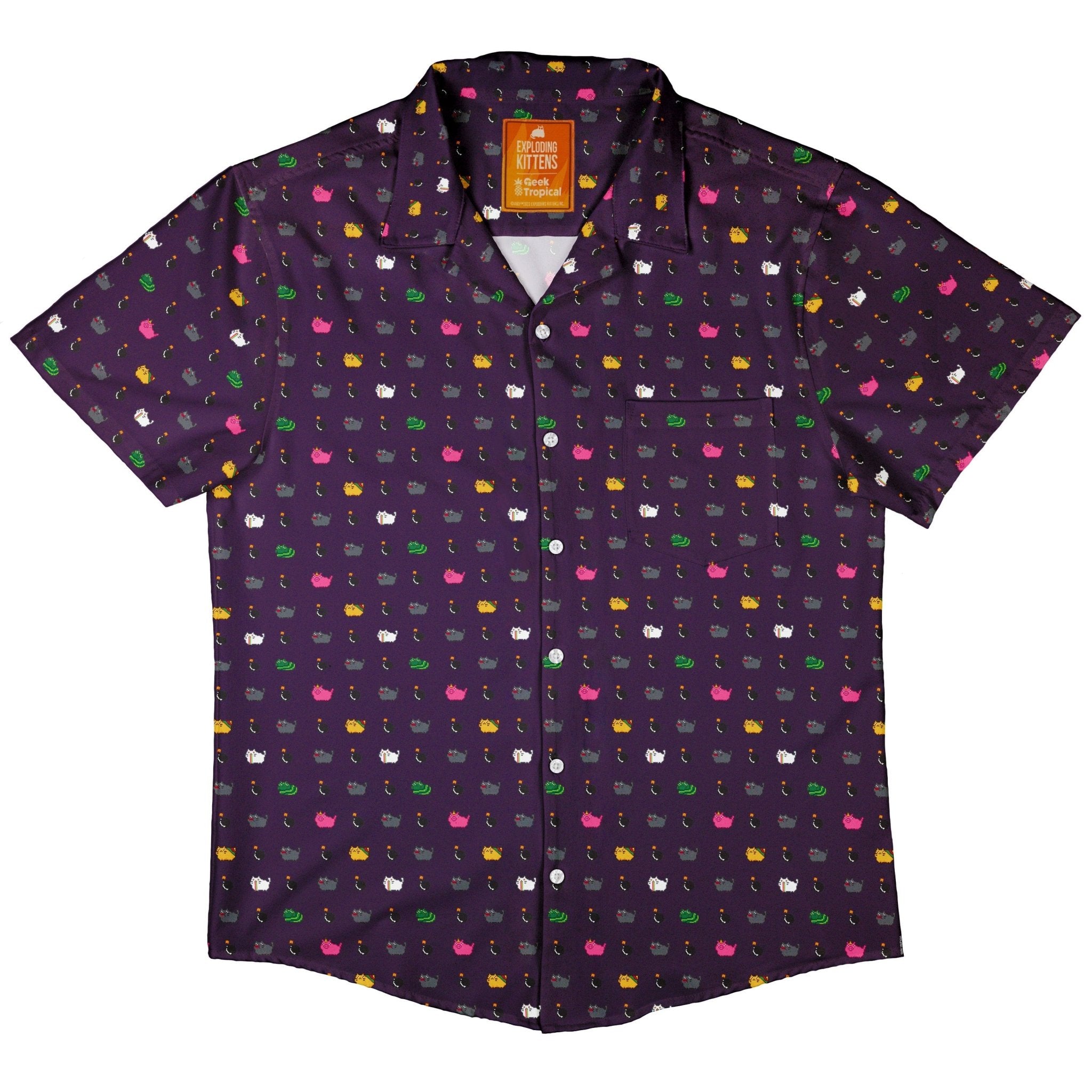 Exploding Kittens Pixel Cats Dark Button Up Shirt - adult sizing - Animal Patterns - board game print