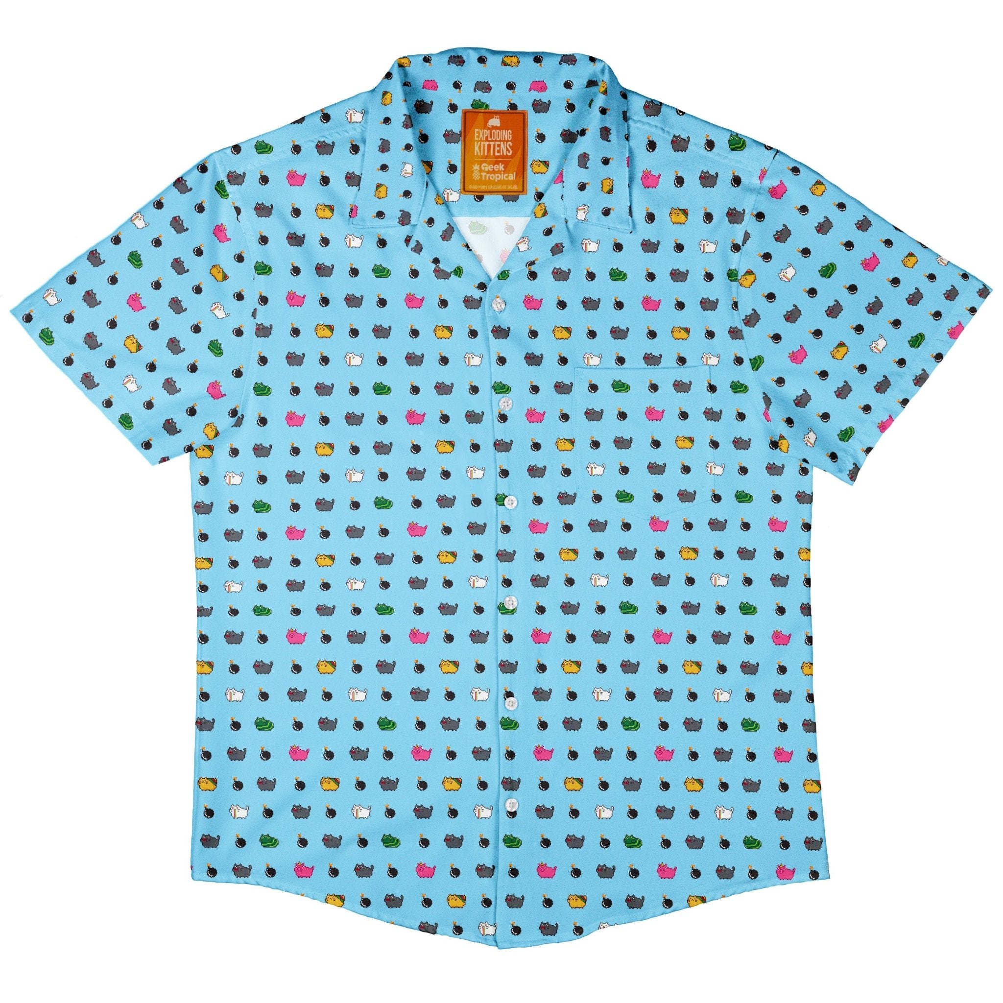 Exploding Kittens Pixel Cats Sky Blue Button Up Shirt - adult sizing - Animal Patterns - board game print