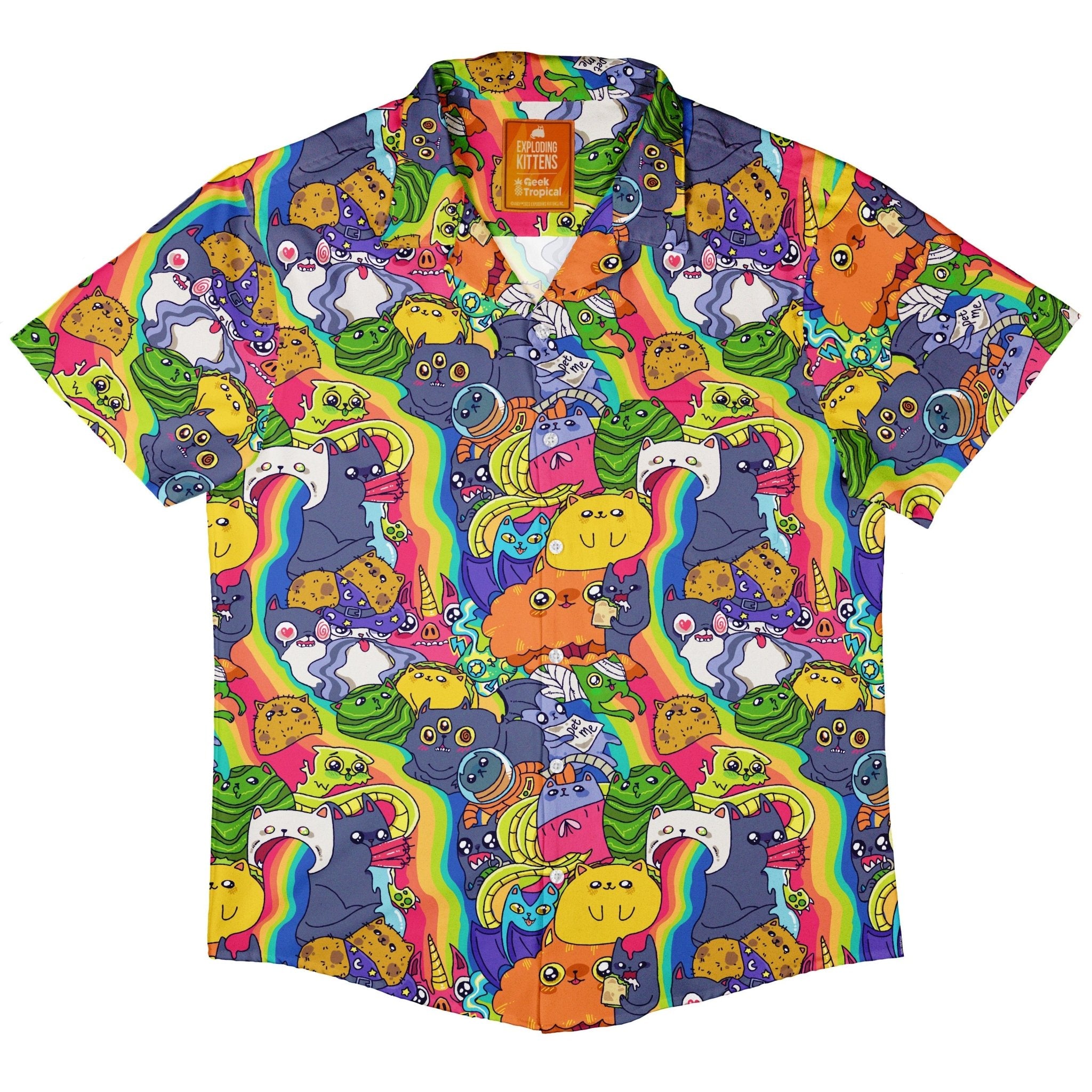 Exploding Kittens Rainbow Explosion Button Up Shirt - adult sizing - Animal Patterns - board game print
