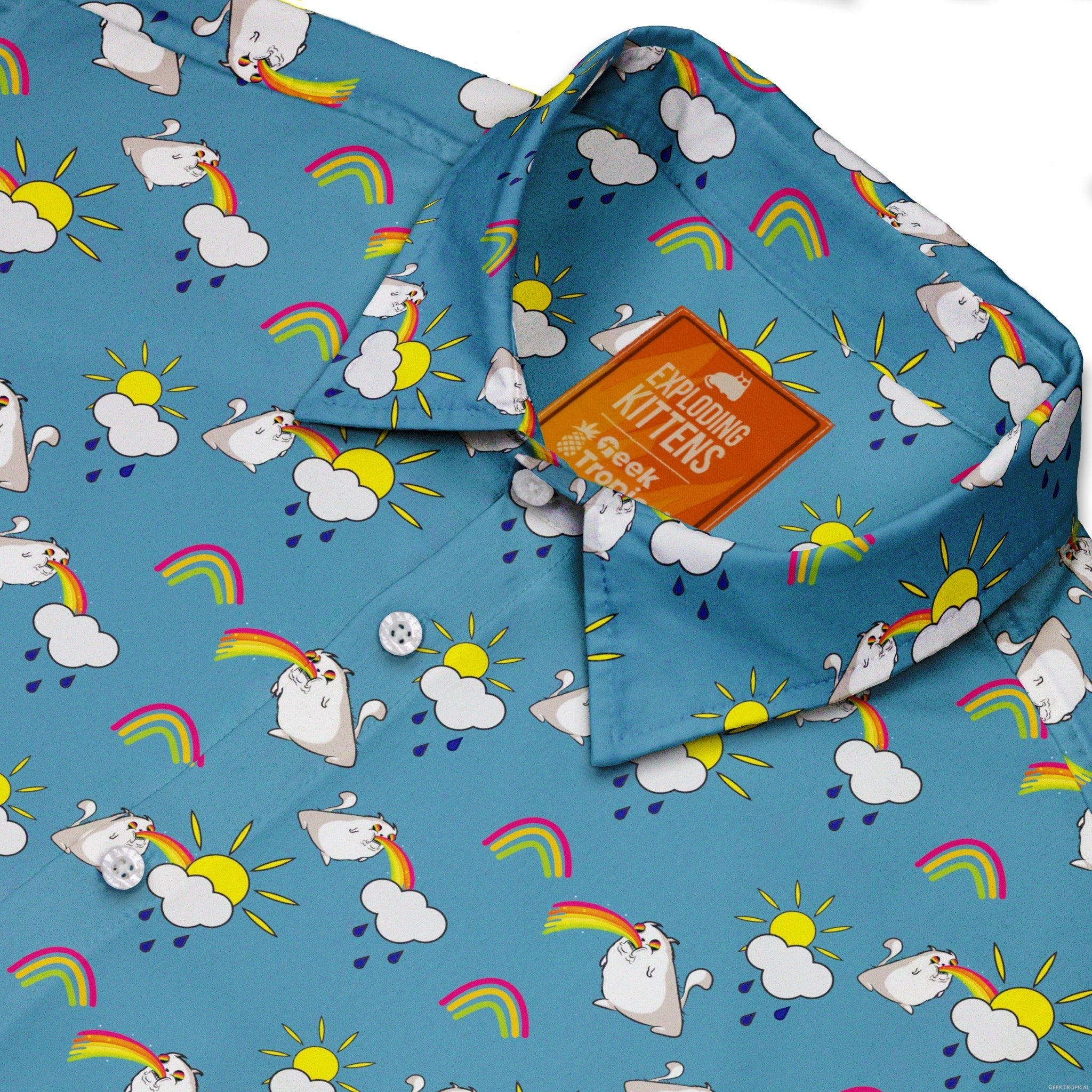 Exploding Kittens Rainbow Sky Cats Button Up Shirt - adult sizing - Animal Patterns - board game print