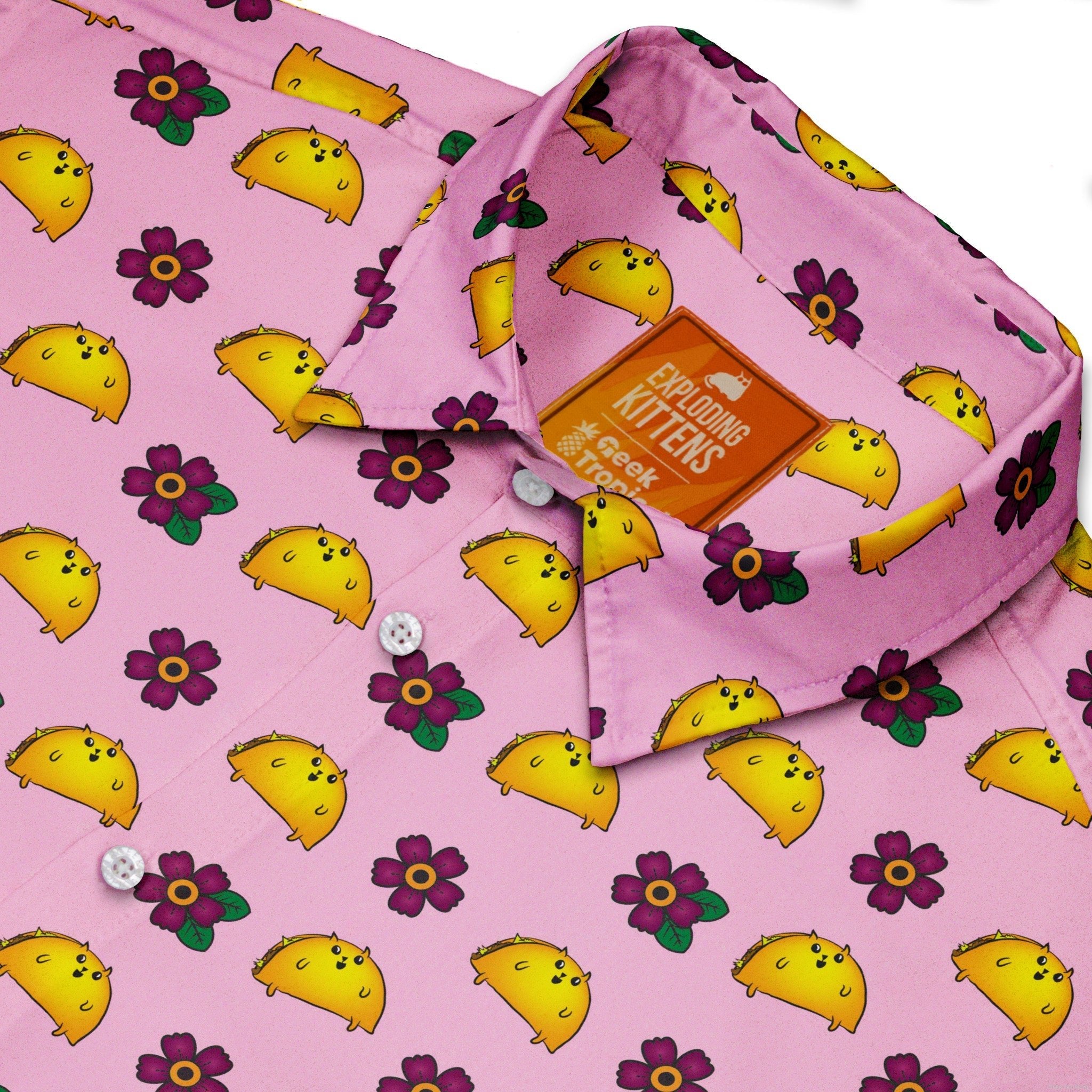 Exploding Kittens TacoCat Flowers Button Up Shirt - adult sizing - Animal Patterns - board game print