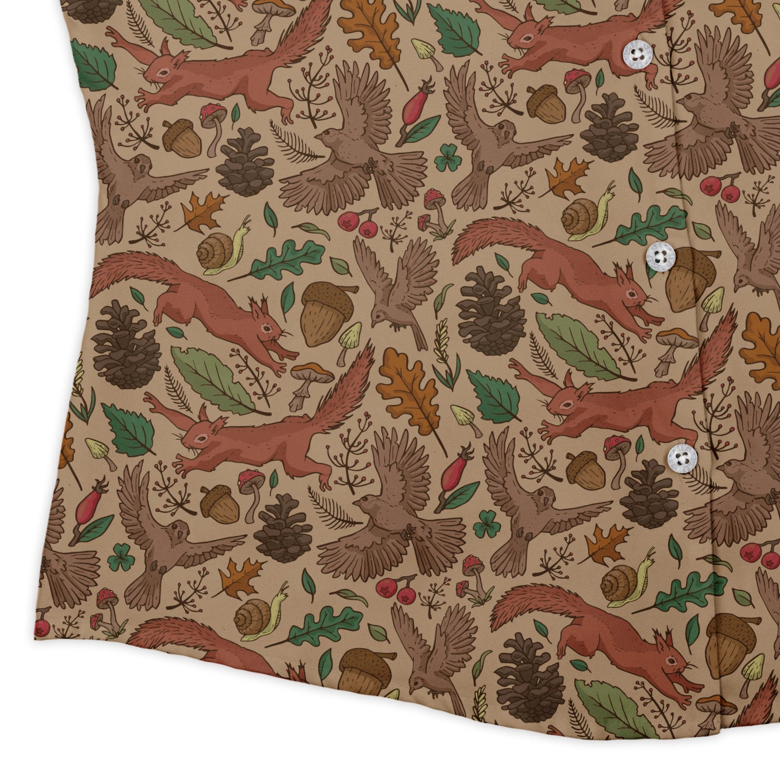 Fall Squirrel Curvy Button Up Shirt Geek Nerd animal patterns botany print Design by Julie Kitzes