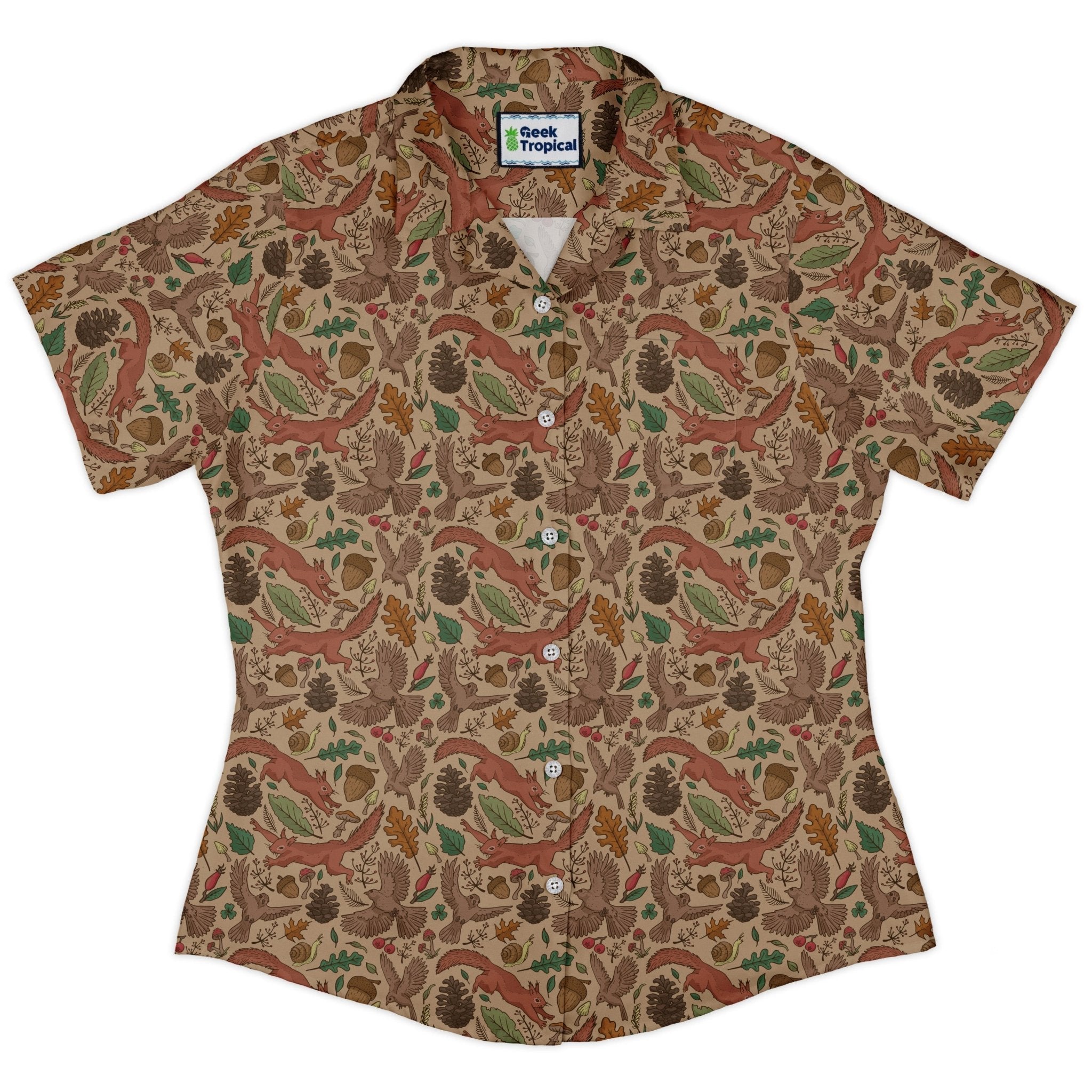 Fall Squirrel Curvy Button Up Shirt Geek Nerd animal patterns botany print Design by Julie Kitzes