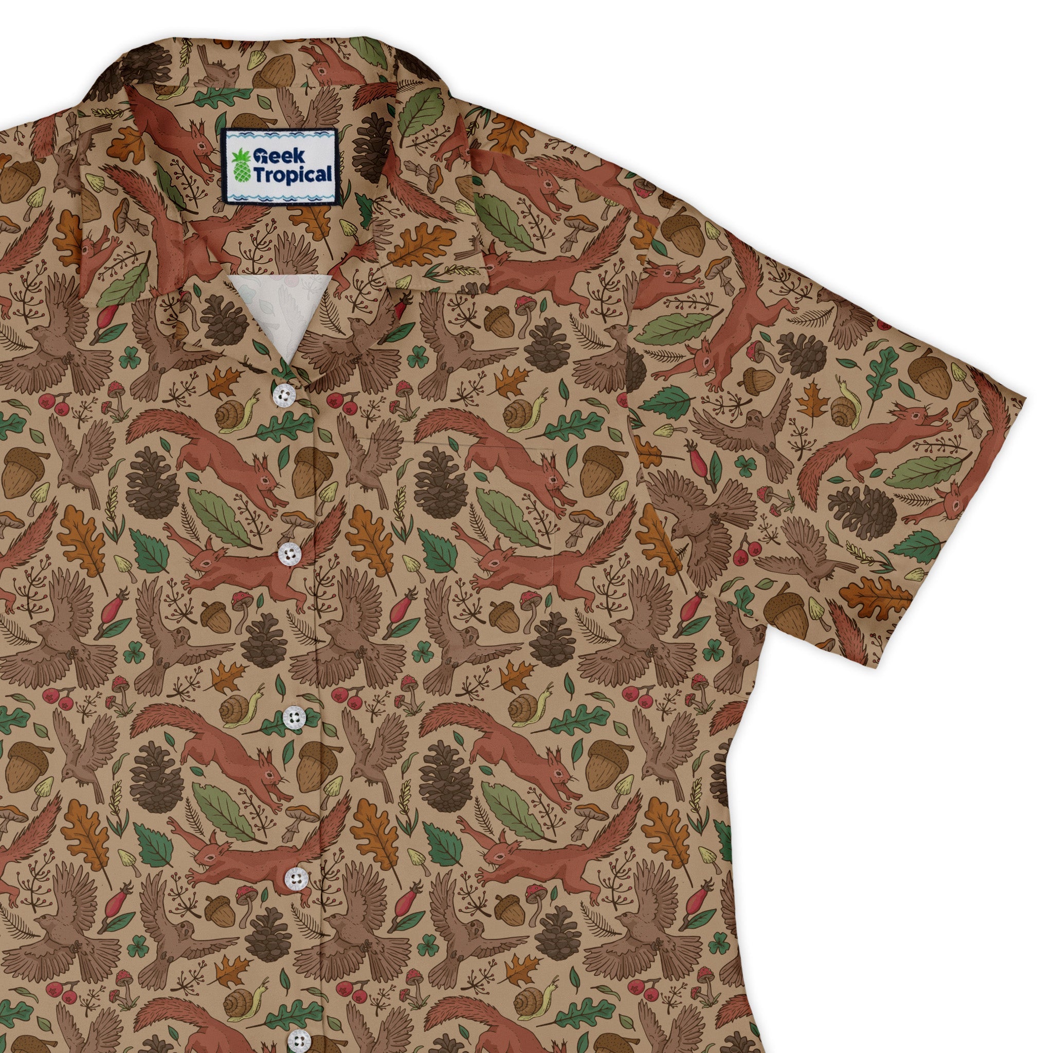 Fall Squirrel Curvy Button Up Shirt Geek Nerd animal patterns botany print Design by Julie Kitzes