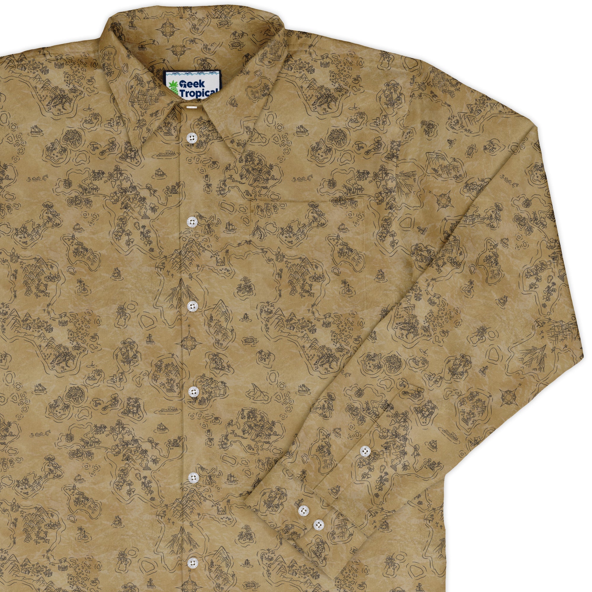 Fantasy Paper World Map Dnd Long Sleeve Button Up Shirt Geek Nerd adult sizing Designs by Nathan dnd & rpg print