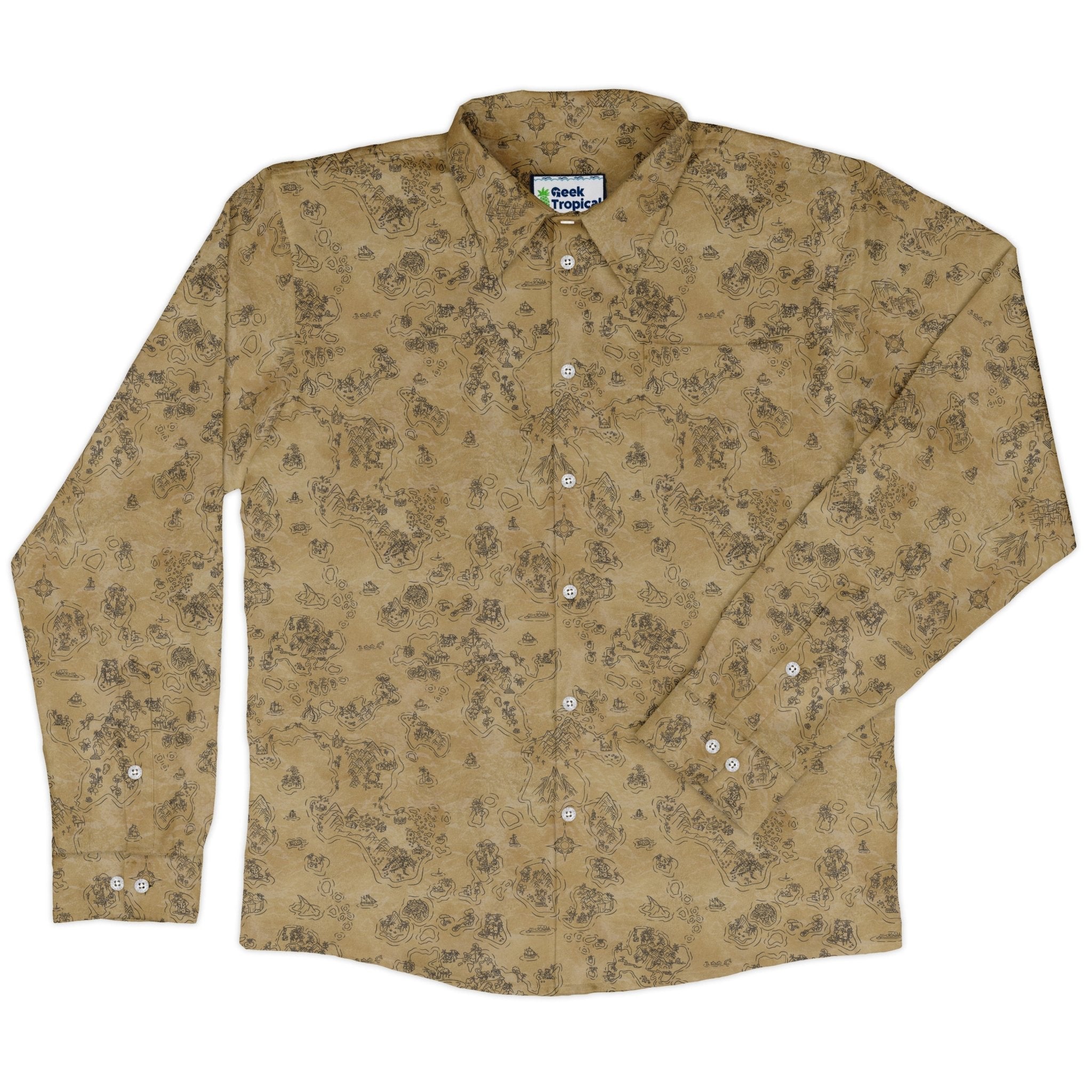 Fantasy Paper World Map Dnd Long Sleeve Button Up Shirt Geek Nerd adult sizing Designs by Nathan dnd & rpg print