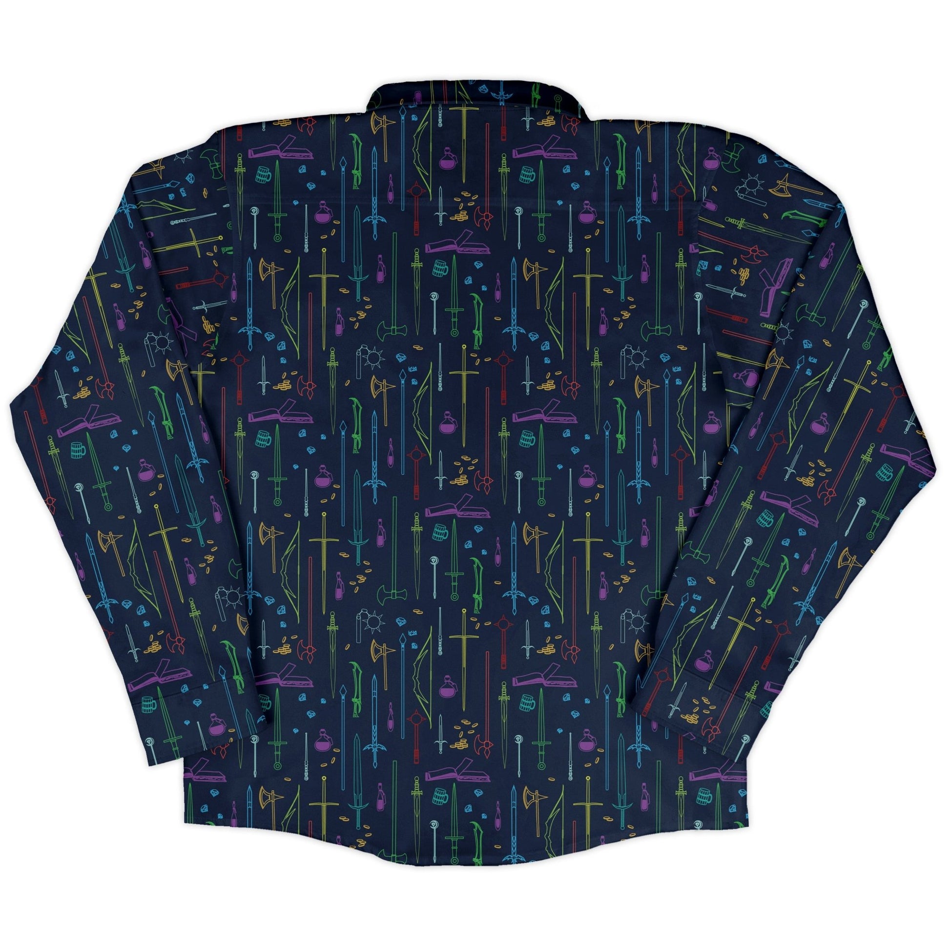 Fantasy RPG Weapons Items Navy Dnd Long Sleeve Button Up Shirt Geek Nerd adult sizing Design by Dunking Toast dnd & rpg print
