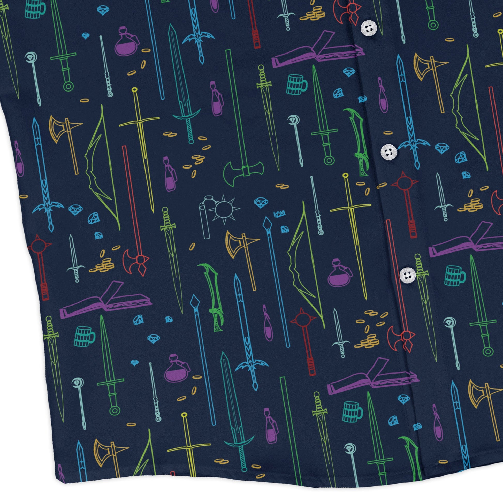Fantasy RPG Weapons Items Navy Dnd Long Sleeve Button Up Shirt Geek Nerd adult sizing Design by Dunking Toast dnd & rpg print
