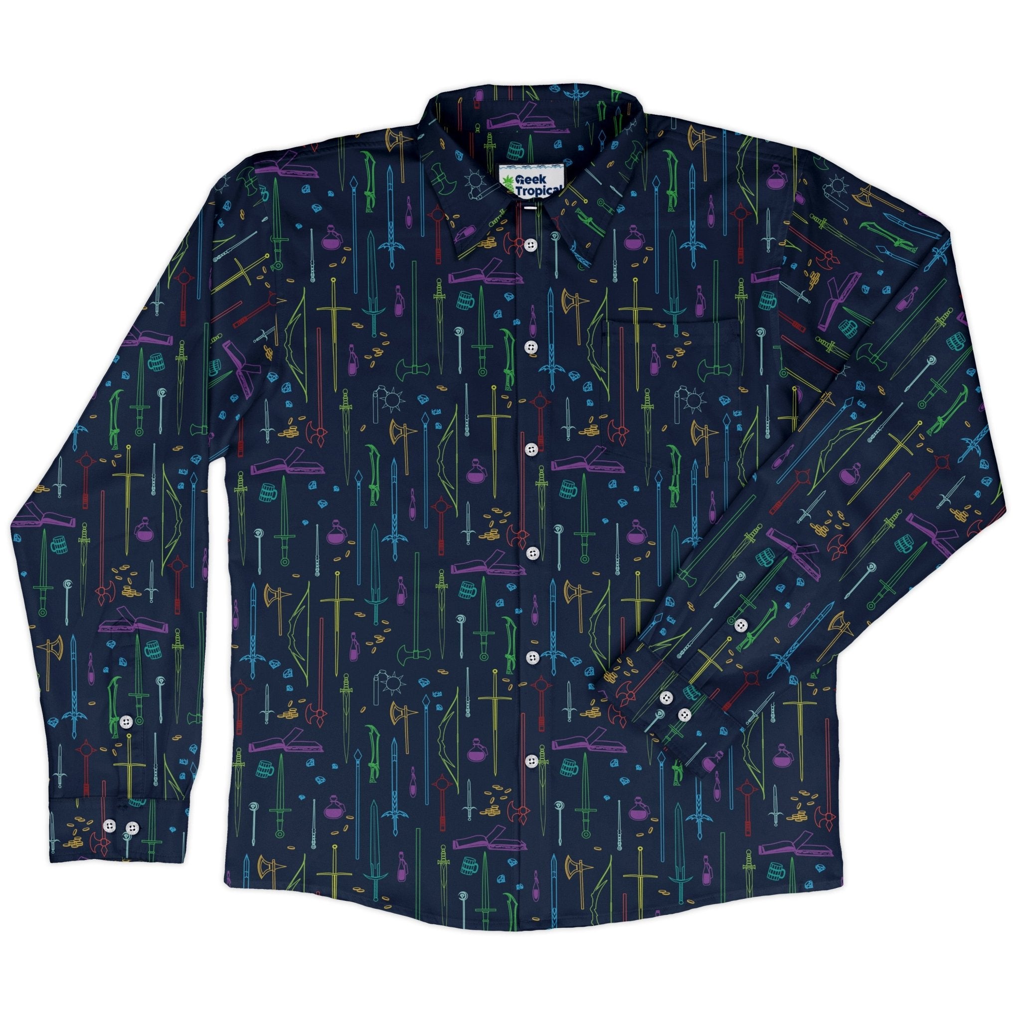 Fantasy RPG Weapons Items Navy Dnd Long Sleeve Button Up Shirt Geek Nerd adult sizing Design by Dunking Toast dnd & rpg print