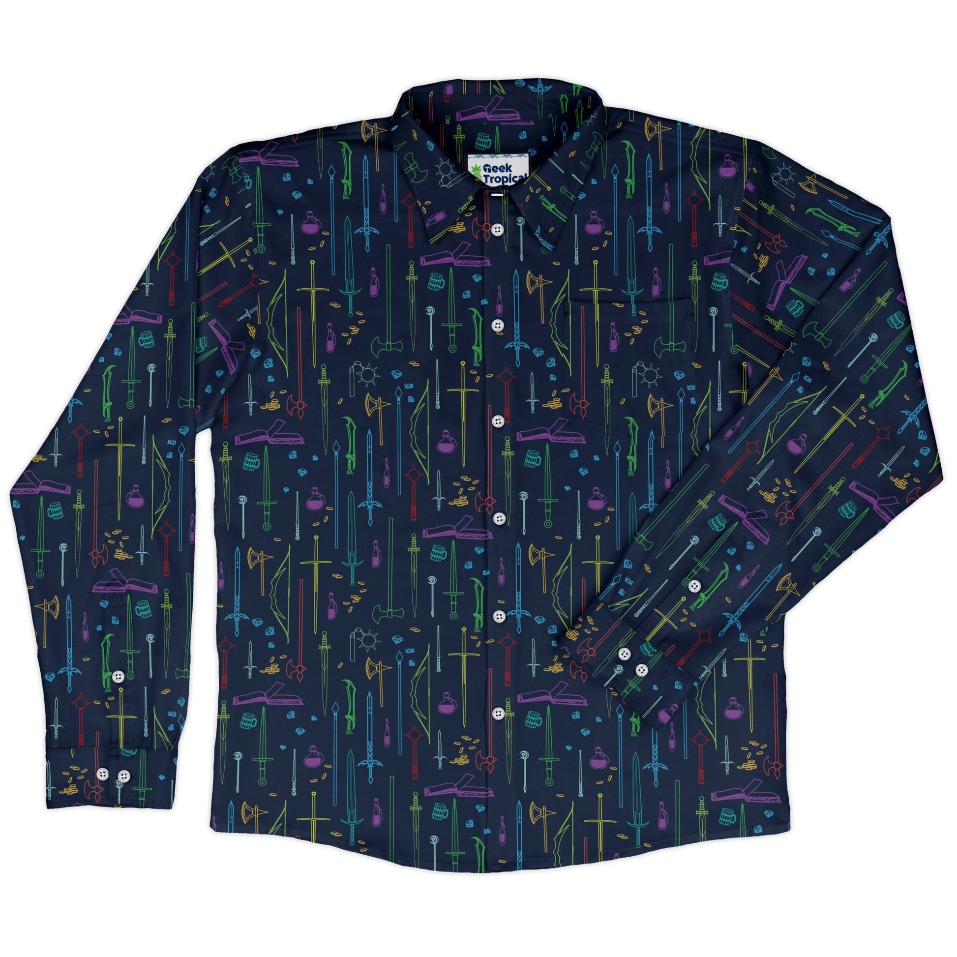 Fantasy RPG Weapons Items Navy Dnd Long Sleeve Button Up Shirt Geek Nerd adult sizing Design by Dunking Toast dnd & rpg print