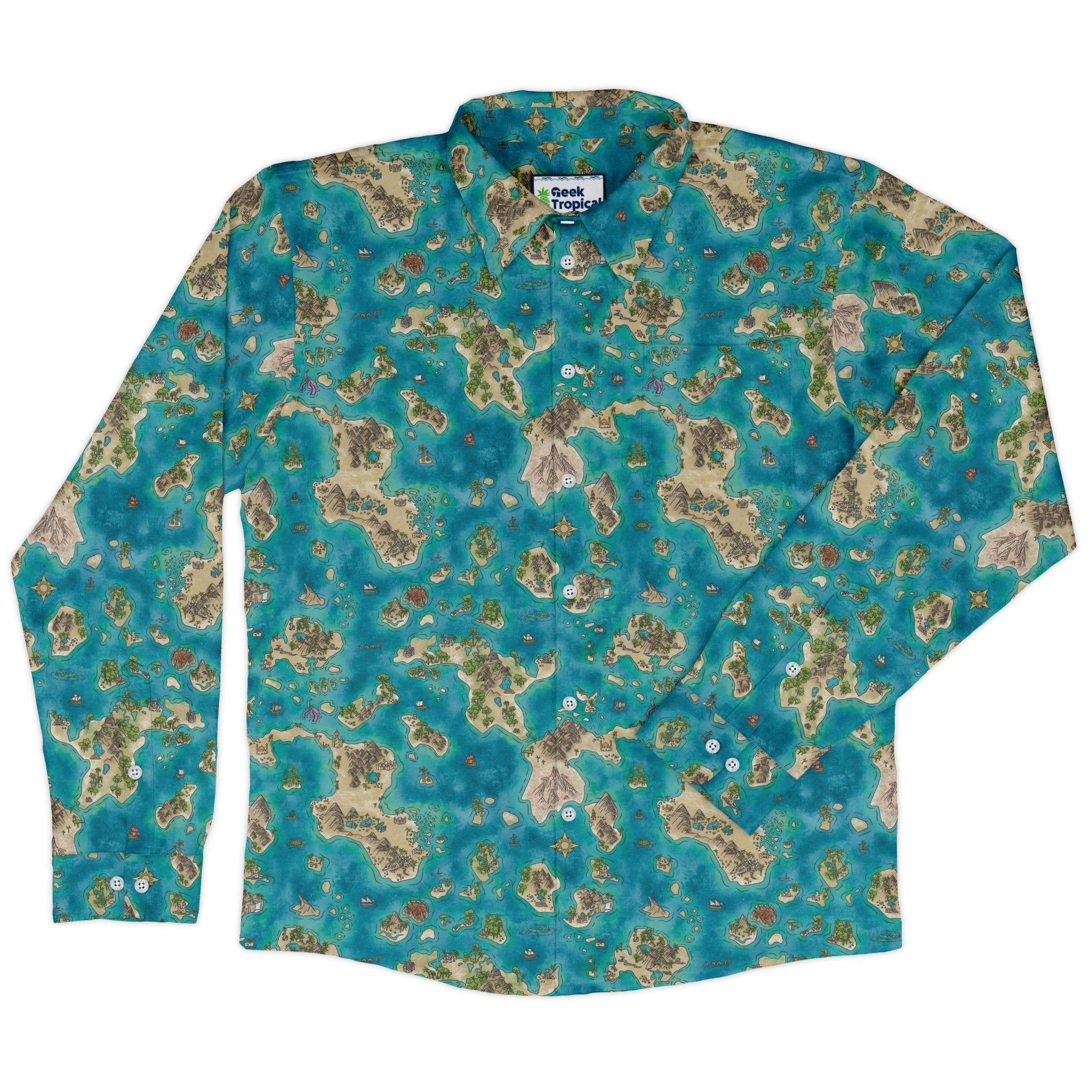 Fantasy World Map Dnd Long Sleeve Button Up Shirt Geek Nerd adult sizing Designs by Nathan dnd & rpg print