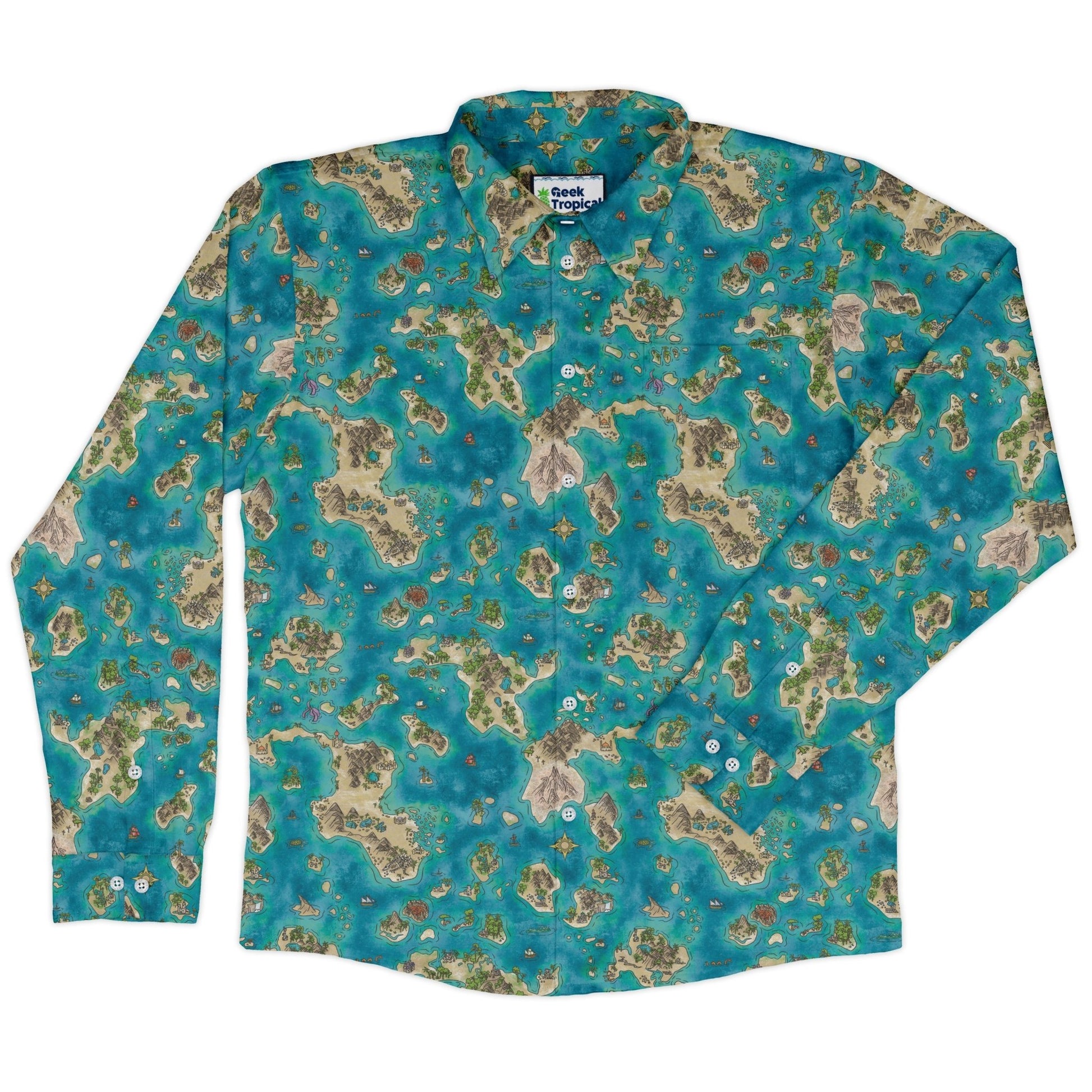 Fantasy World Map Dnd Long Sleeve Button Up Shirt Geek Nerd adult sizing Designs by Nathan dnd & rpg print