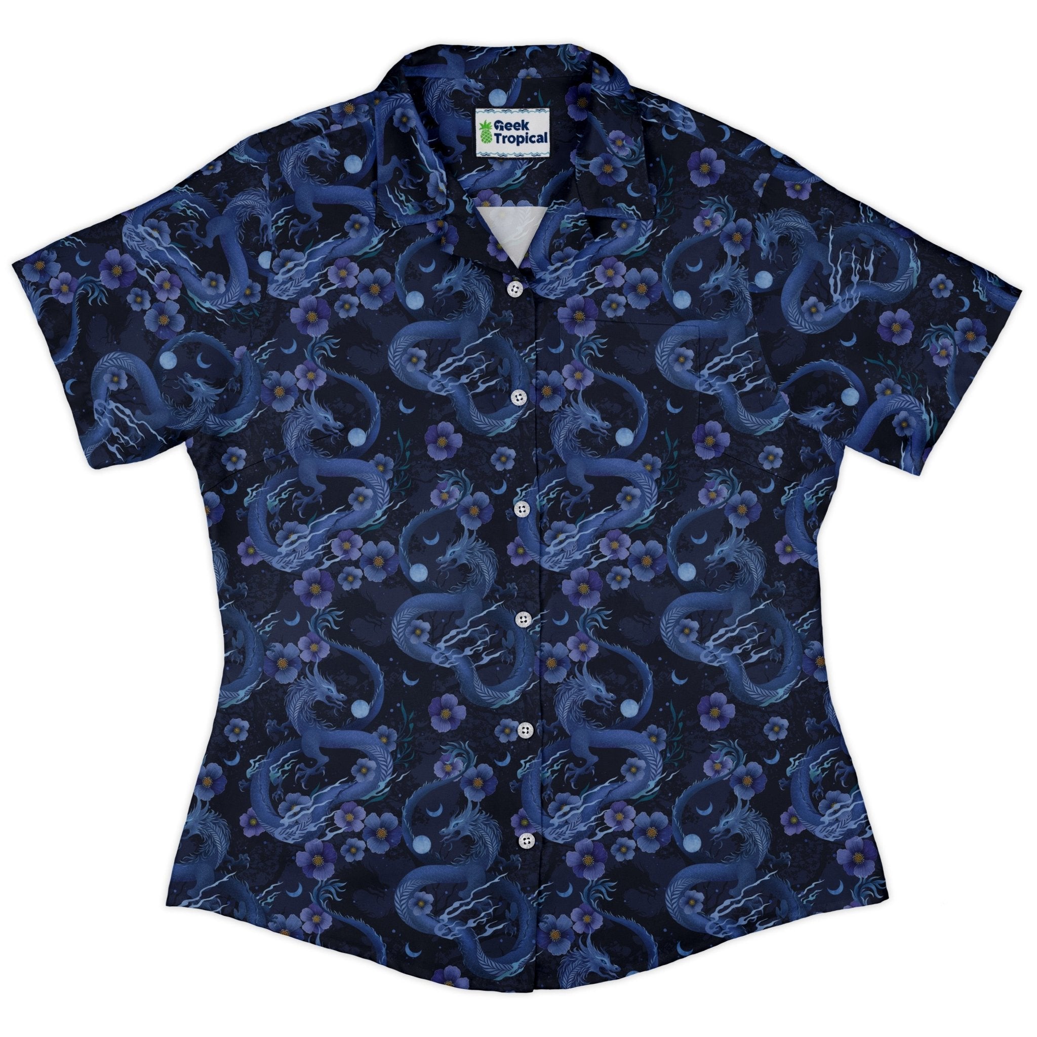 Floral Dragon Night Curvy Button Up Shirt Geek Nerd Design by Episodic Fantasy Prints q4
