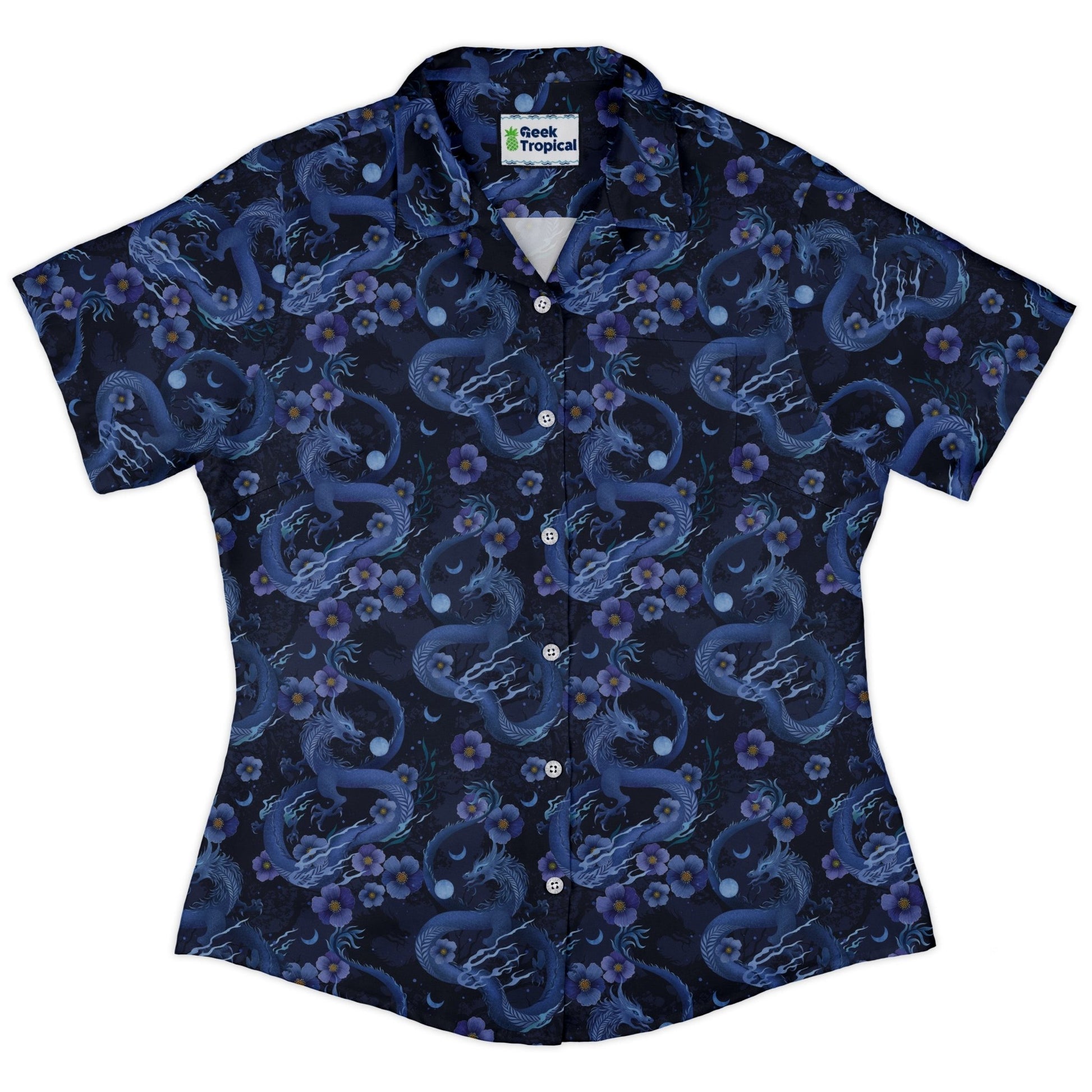 Floral Dragon Night Curvy Button Up Shirt Geek Nerd Design by Episodic Fantasy Prints q4