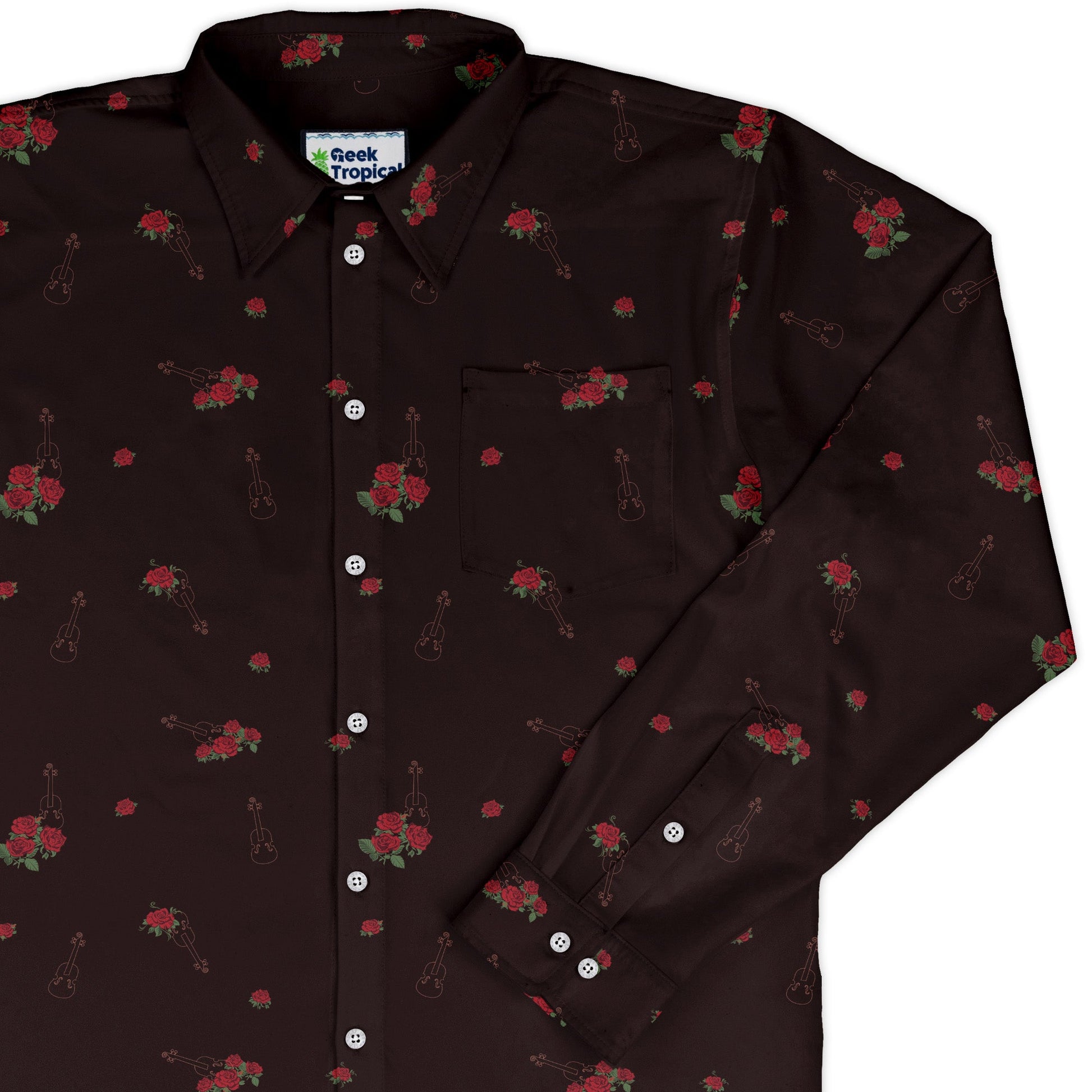 Floral Violin Melody Long Sleeve Button Up Shirt Geek Nerd adult sizing Design by Dunking Toast FLOW DESC WRITING