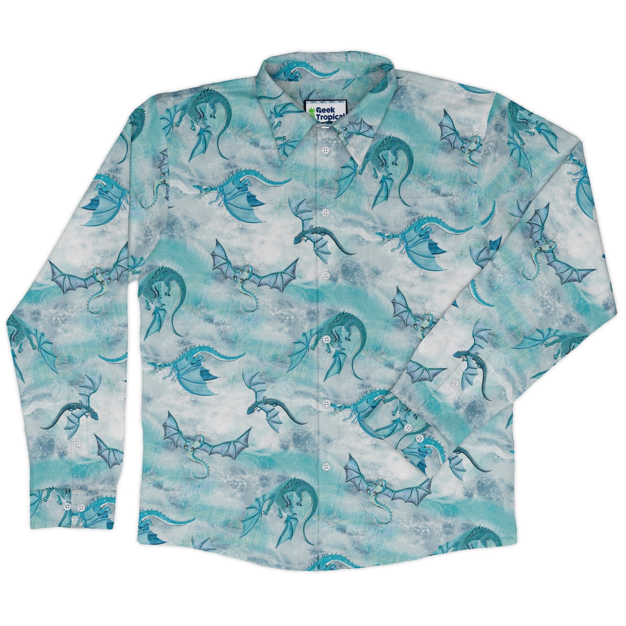 Frost Dragons Long Sleeve Button Up Shirt Geek Nerd adult sizing Christmas Print Designs by Nathan