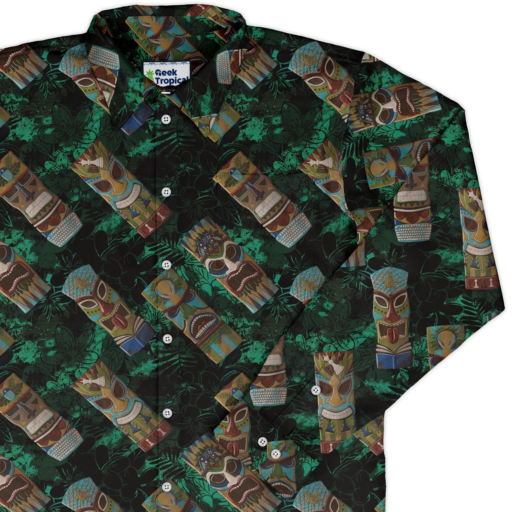 Geek Tiki Masks Dark Green Long Sleeve Button Up Shirt Geek Nerd adult sizing board game print computer print