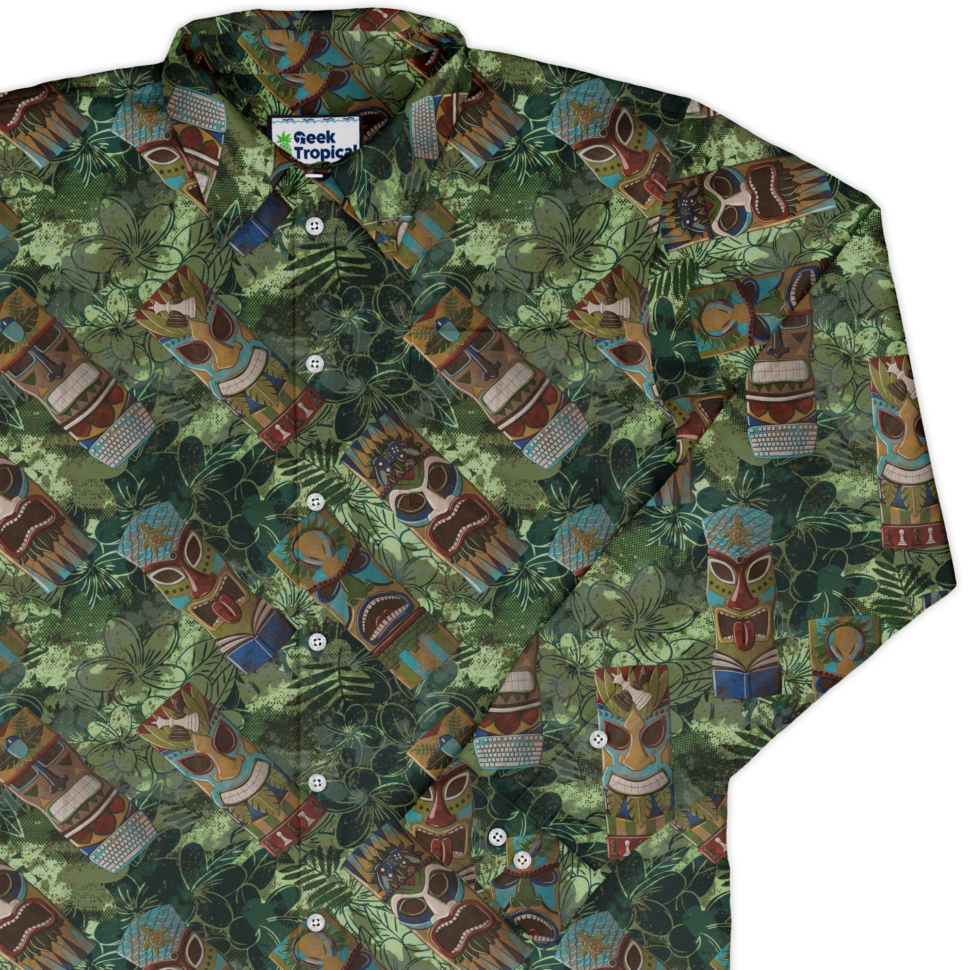 Geek Tiki Masks Light Green Long Sleeve Button Up Shirt Geek Nerd adult sizing board game print computer print