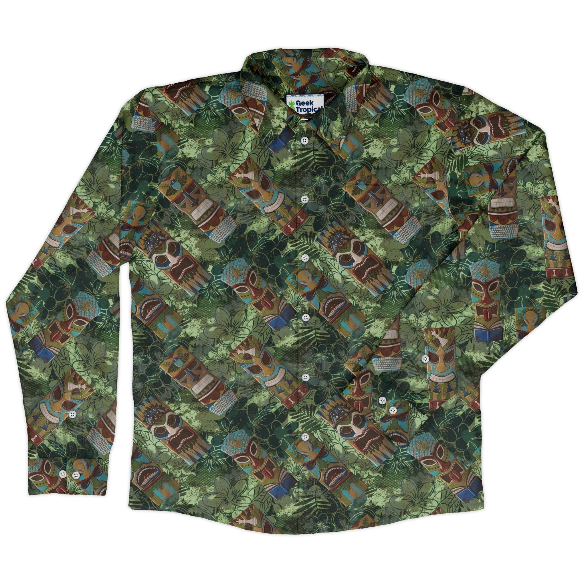 Geek Tiki Masks Light Green Long Sleeve Button Up Shirt Geek Nerd adult sizing board game print computer print