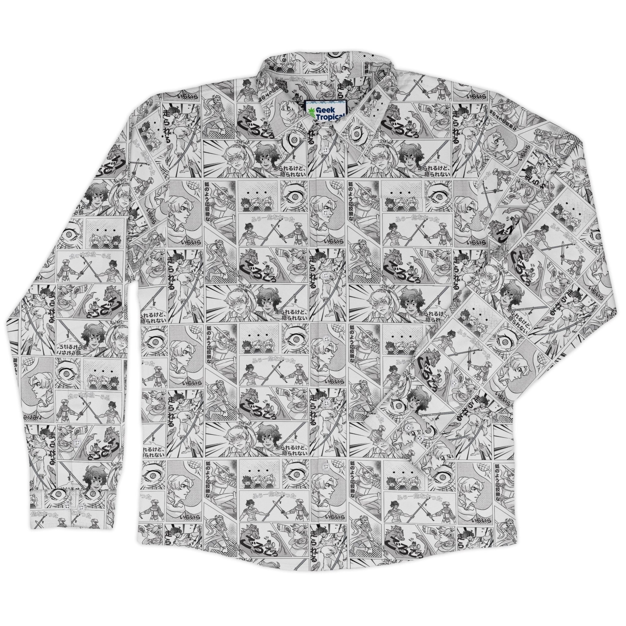 Geek Tropical Manga Long Sleeve Button Up Shirt Geek Nerd adult sizing Anime Design by Claire Murphy