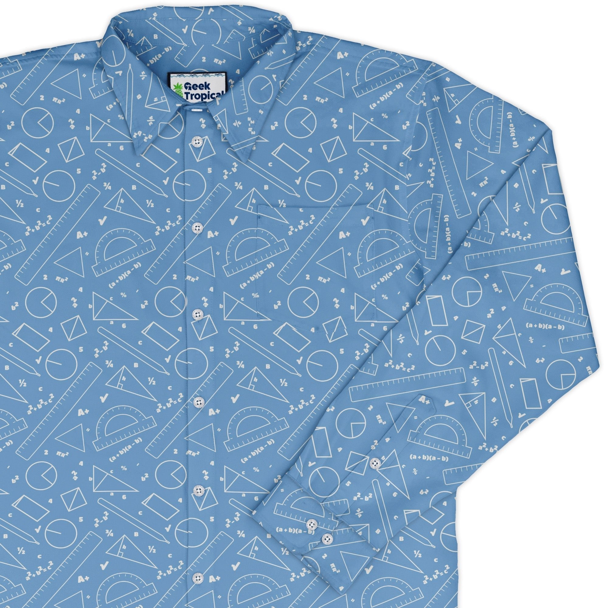 Geometry Blue Math Long Sleeve Button Up Shirt Geek Nerd adult sizing FLOW DESC WRITING mathematics print