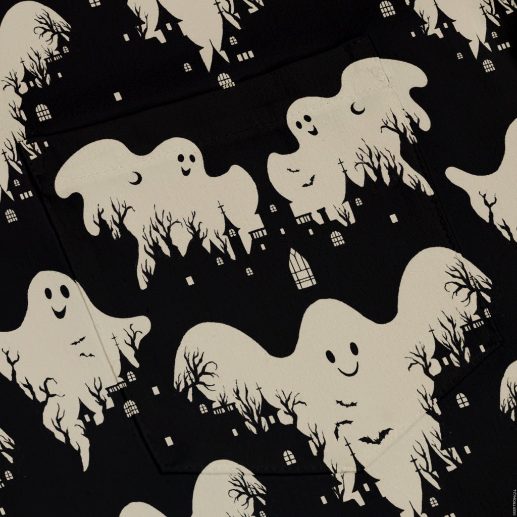 Ghost Castle Button Up Shirt Geek Nerd adult sizing halloween q4