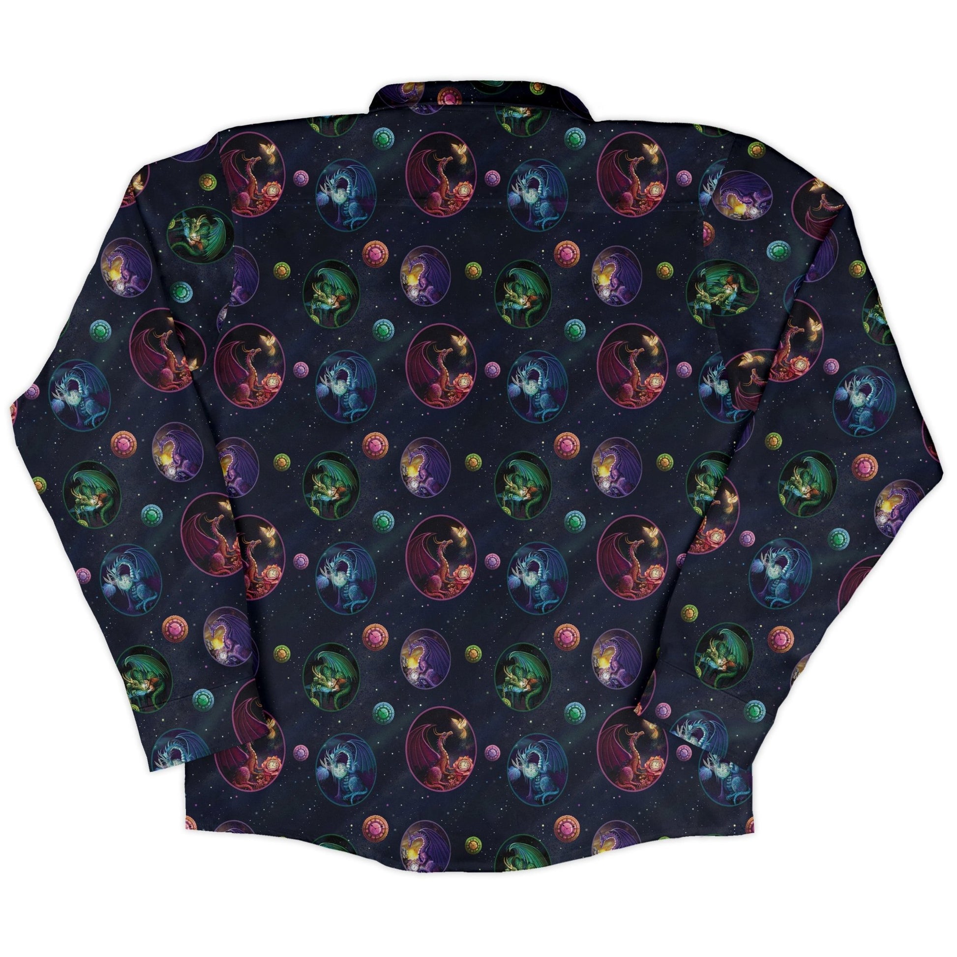 Glimpses in Dragon Time Long Sleeve Button Up Shirt Geek Nerd adult sizing Animal Patterns Designed by Rose Khan