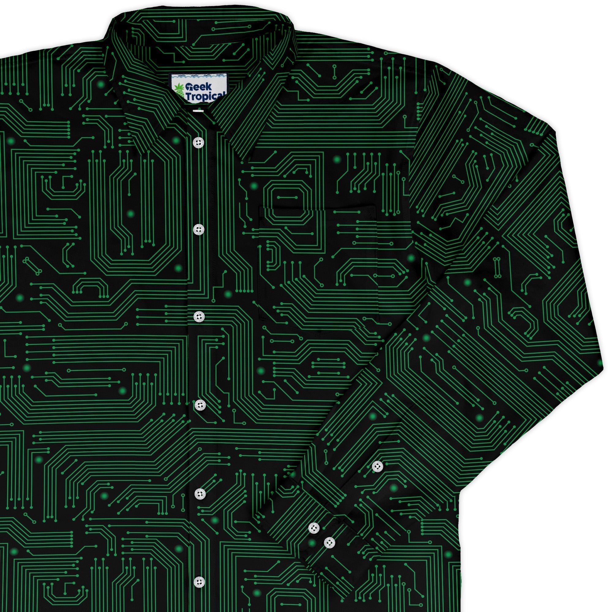 Green Computer Circuits Long Sleeve Button Up Shirt Geek Nerd adult sizing computer print FLOW DESC WRITING