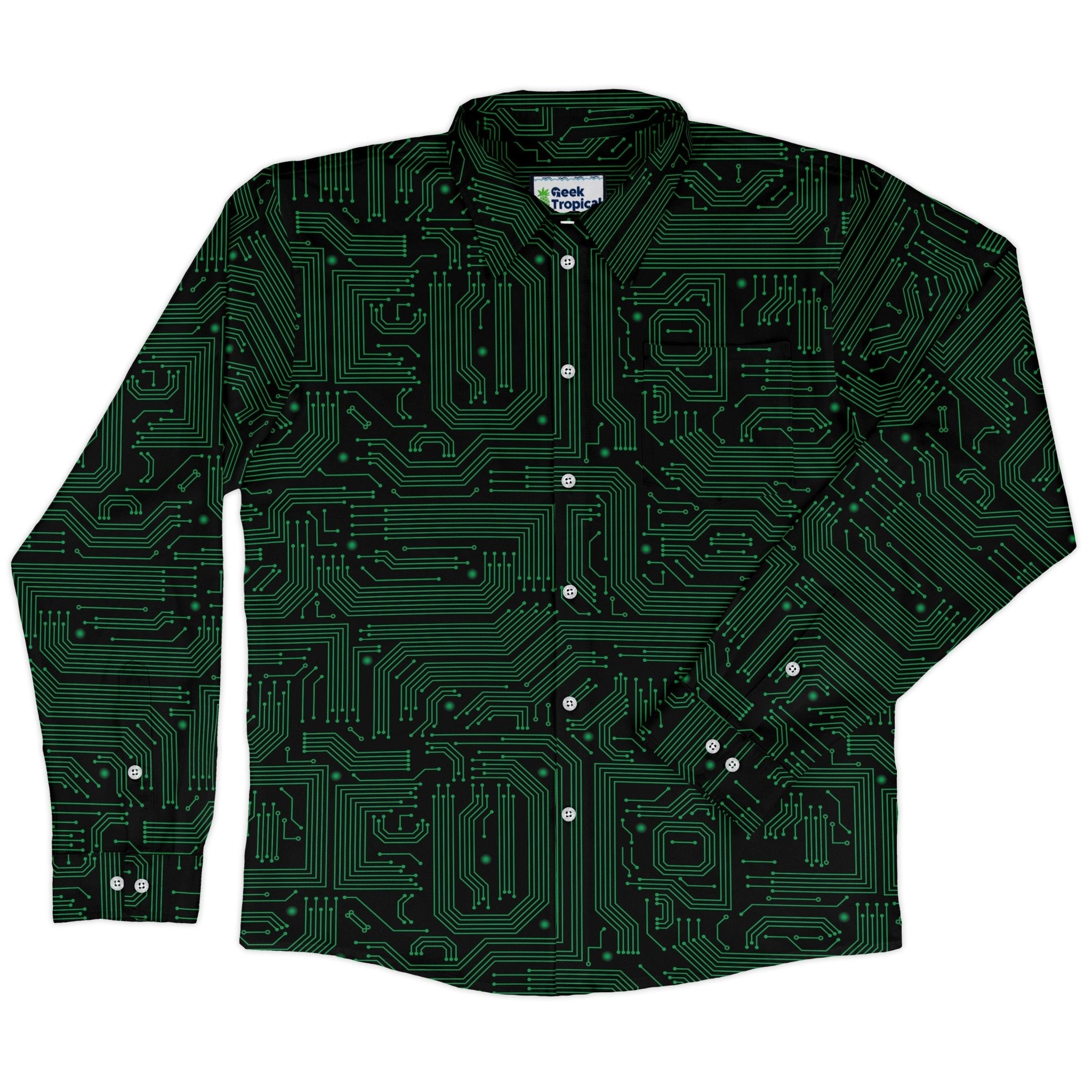 Green Computer Circuits Long Sleeve Button Up Shirt Geek Nerd adult sizing computer print FLOW DESC WRITING