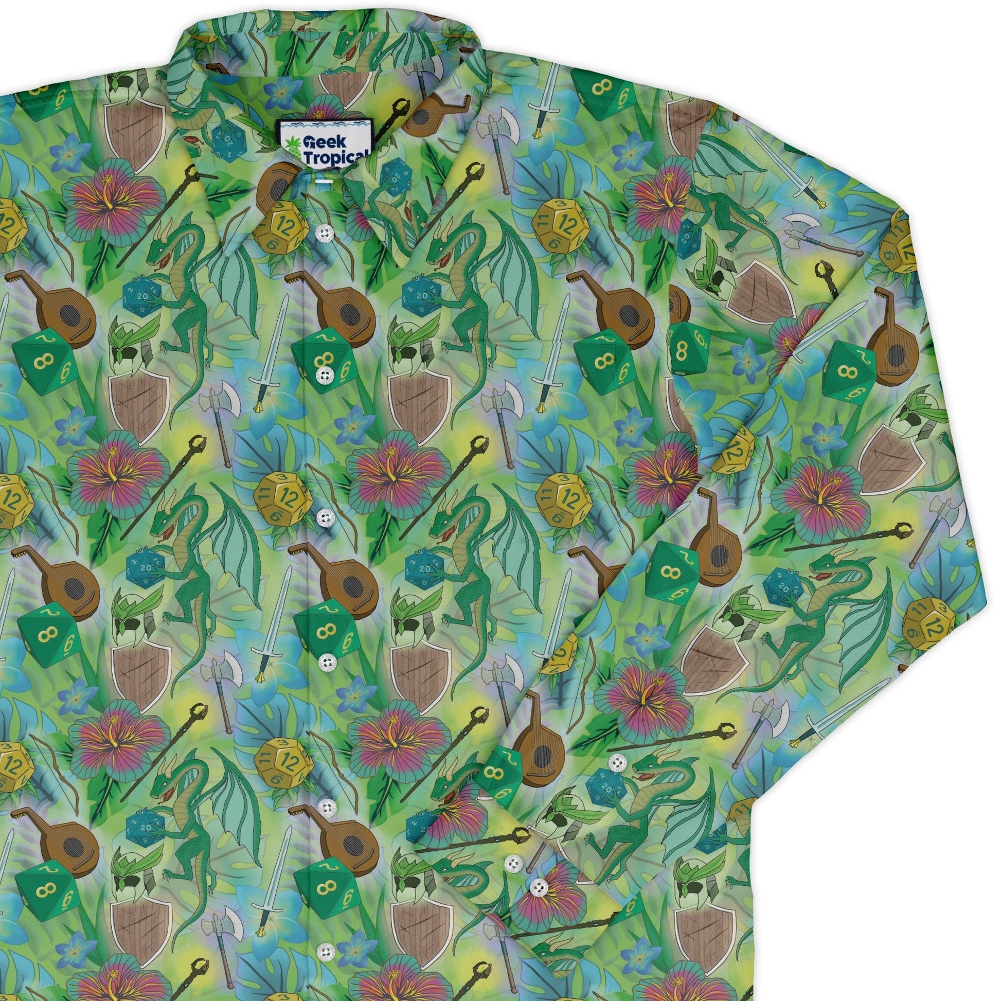 Green Dragon Encounter Dnd Long Sleeve Button Up Shirt Geek Nerd adult sizing Animal Patterns Designs by Nathan