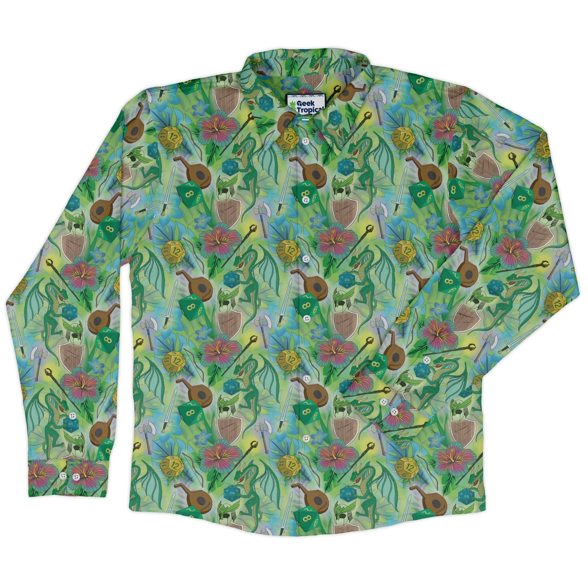 Green Dragon Encounter Dnd Long Sleeve Button Up Shirt Geek Nerd adult sizing Animal Patterns Designs by Nathan