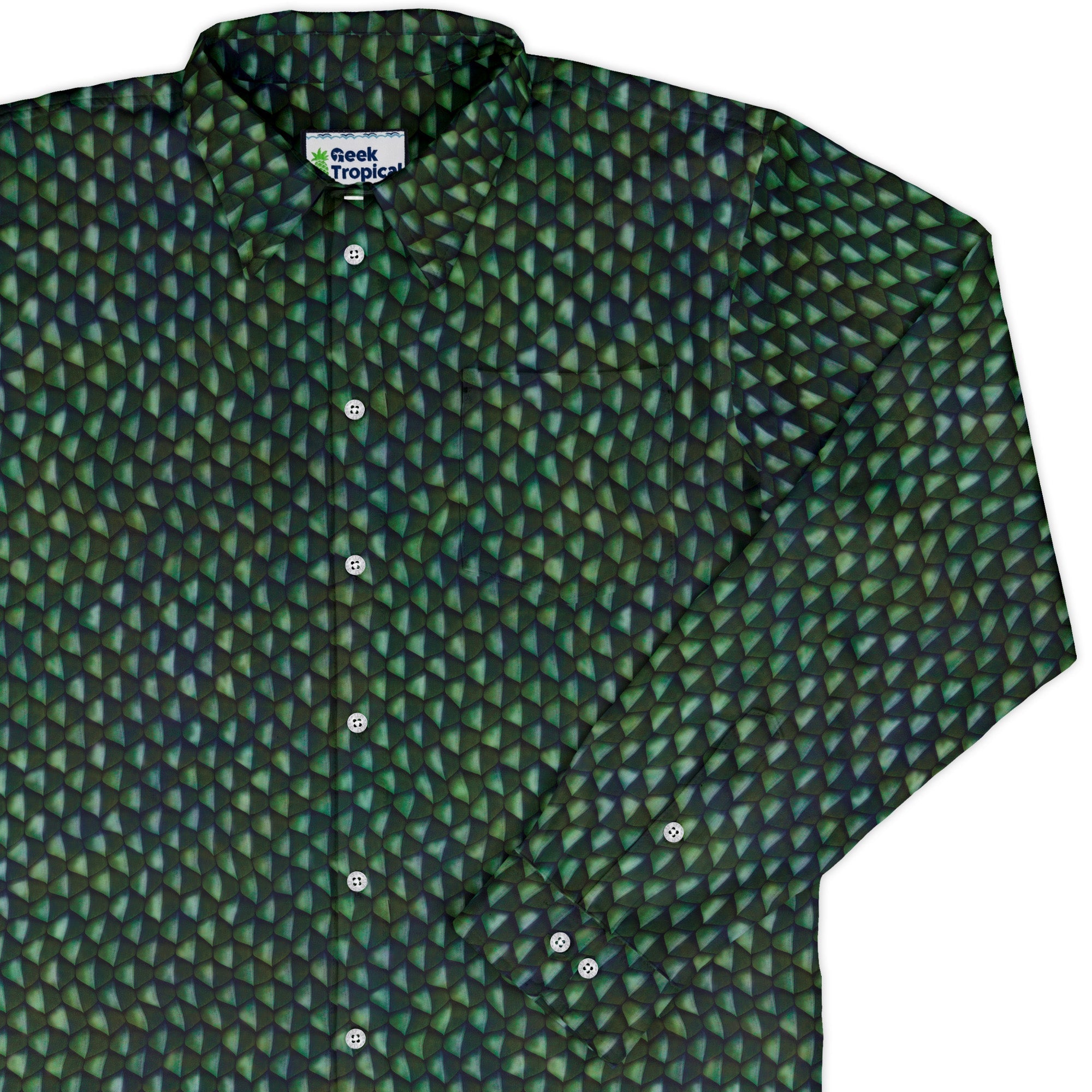 Green Dragon Scales Long Sleeve Button Up Shirt Geek Nerd adult sizing Designs by Nathan dnd & rpg print