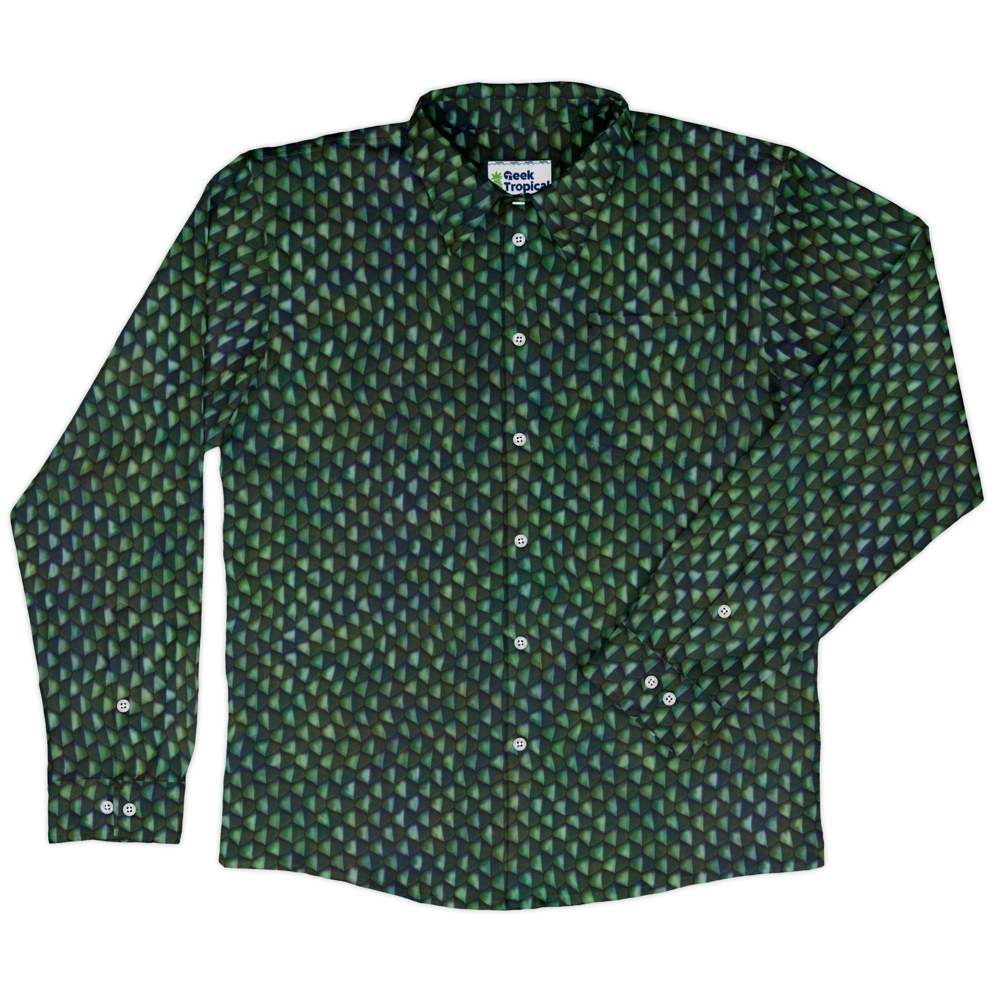 Green Dragon Scales Long Sleeve Button Up Shirt Geek Nerd adult sizing Designs by Nathan dnd & rpg print