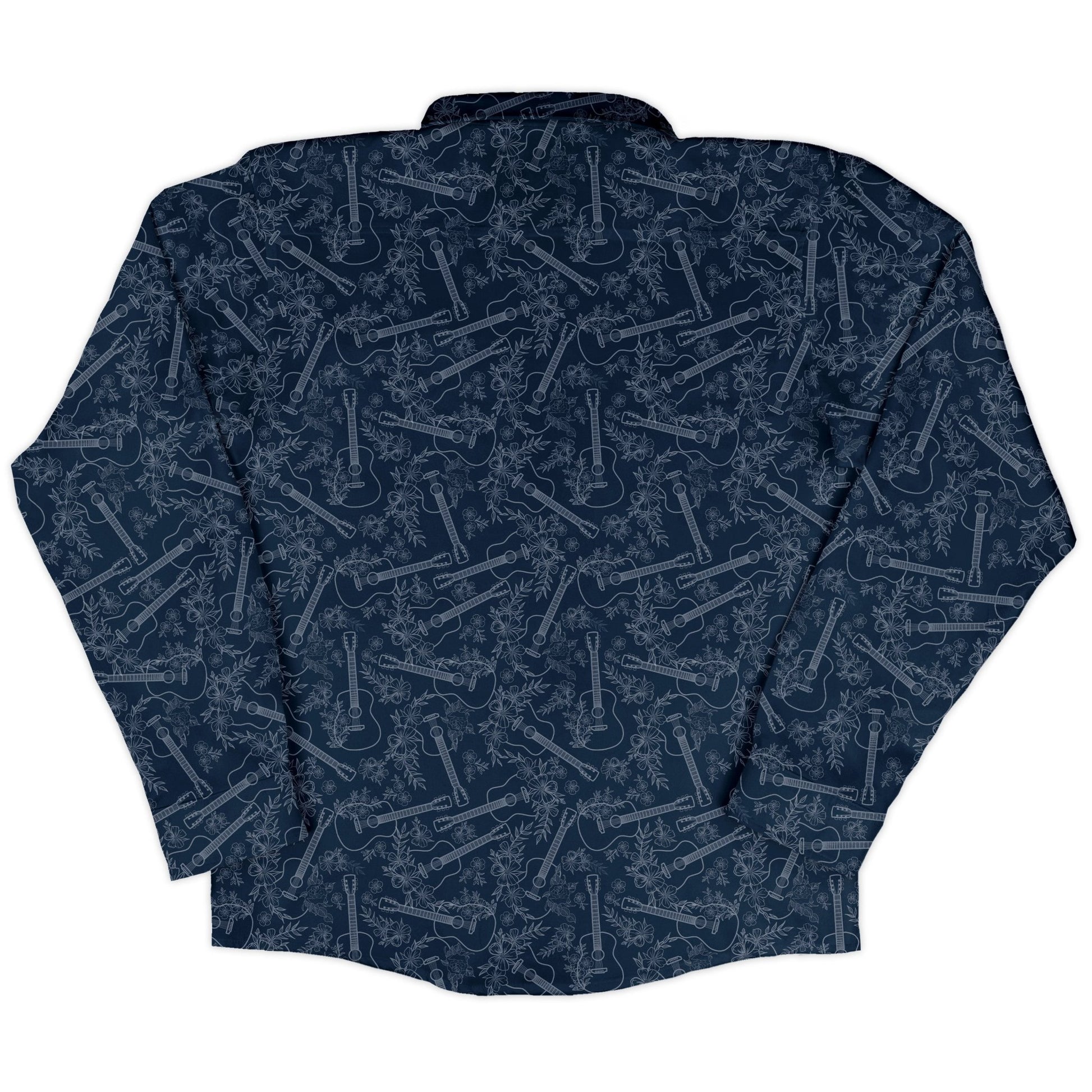 Guitar Blossoms Blue Long Sleeve Button Up Shirt Geek Nerd adult sizing Design by Dunking Toast FLOW DESC WRITING